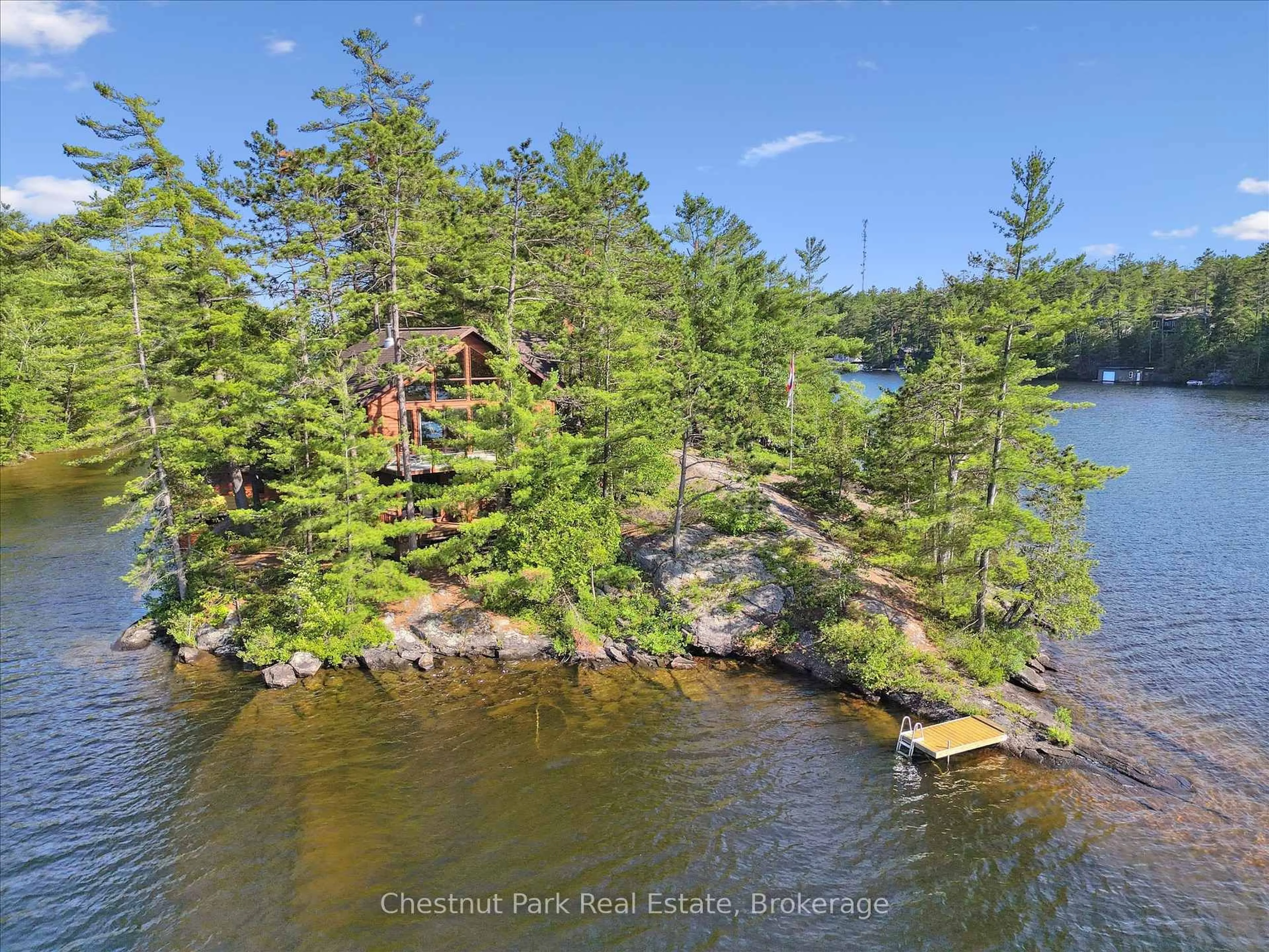 A pic from outside/outdoor area/front of a property/back of a property/a pic from drone, water/lake/river/ocean view for 1 Diamond Island, Gravenhurst Ontario P1P 1R3