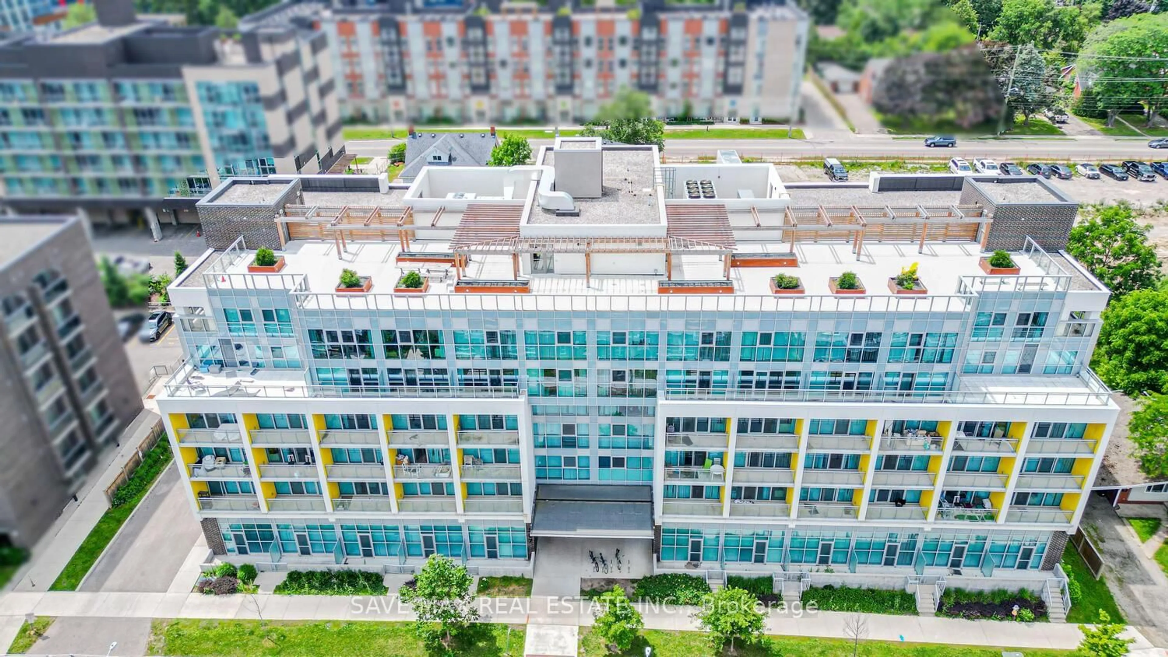 A pic from outside/outdoor area/front of a property/back of a property/a pic from drone, city buildings view from balcony for 257 Hemlock St #405, Waterloo Ontario N2L 0K2