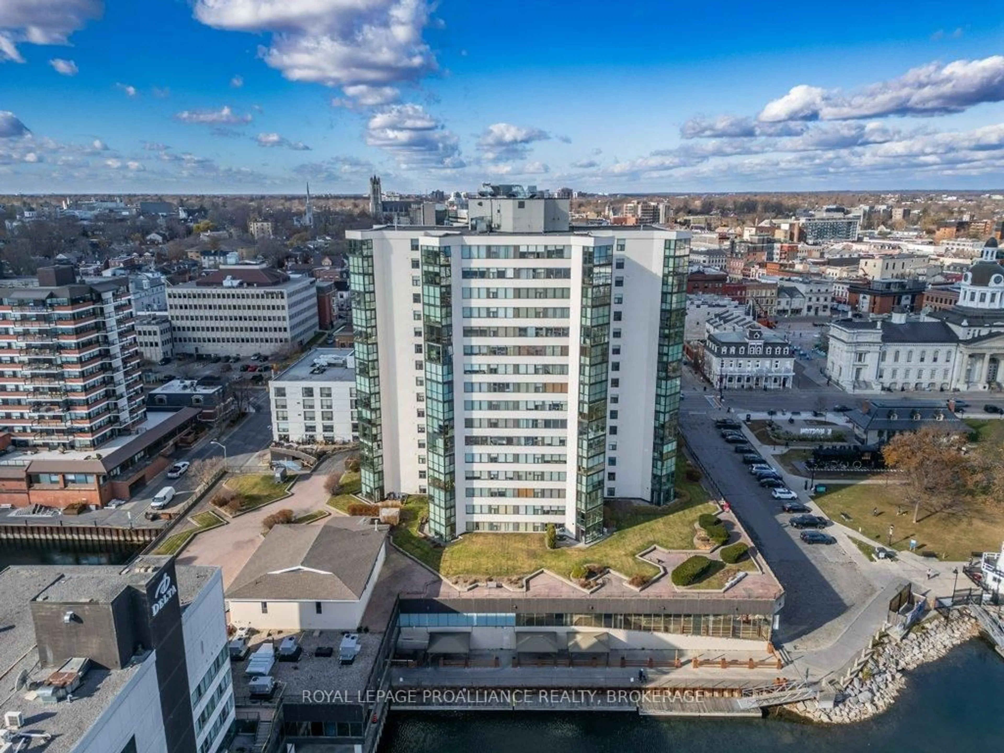 A pic from outside/outdoor area/front of a property/back of a property/a pic from drone, city buildings view from balcony for 185 Ontario St #1602, Kingston Ontario K7L 2Y7
