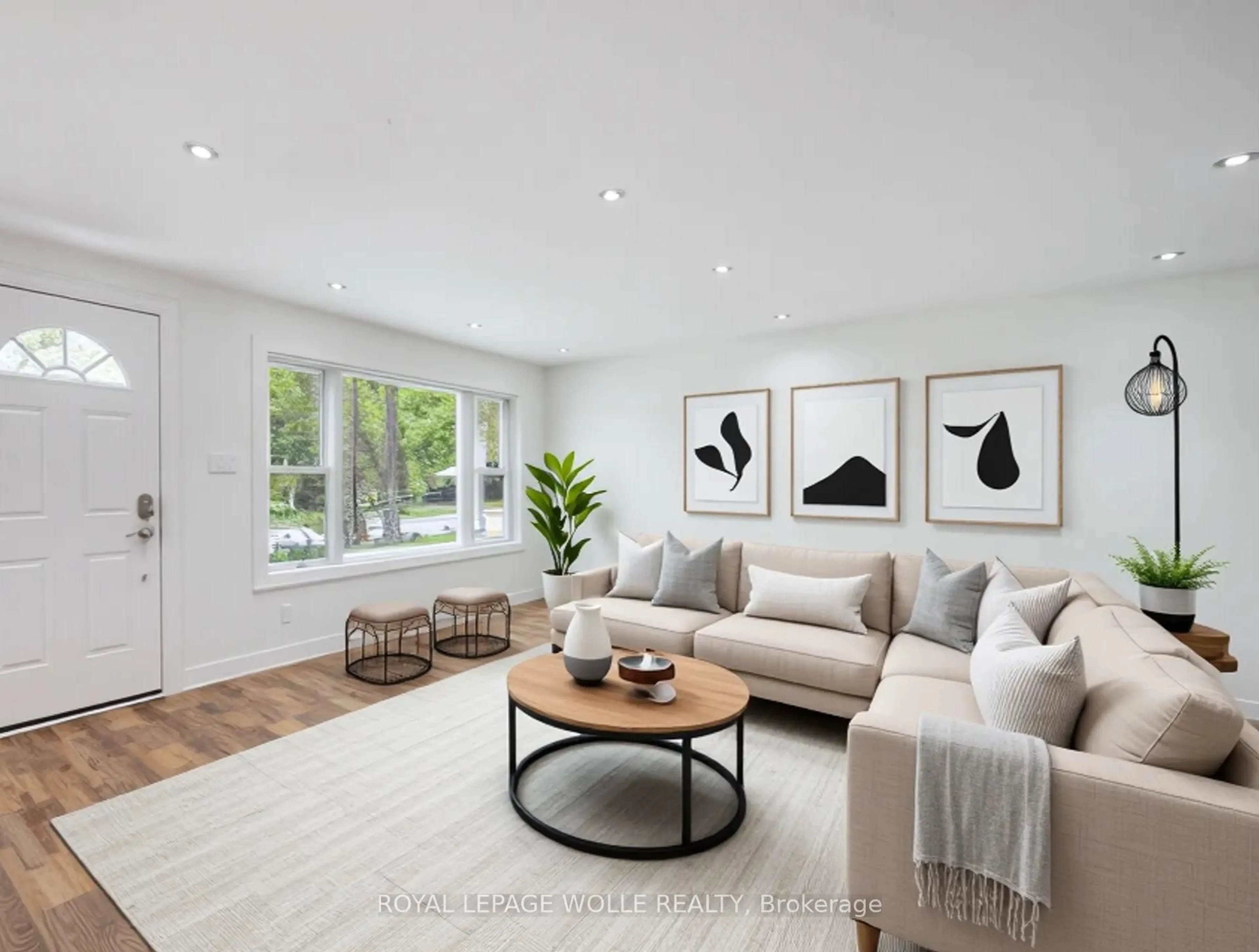 Living room with furniture, wood/laminate floor for 53 Karen Walk, Waterloo Ontario N2L 5X1