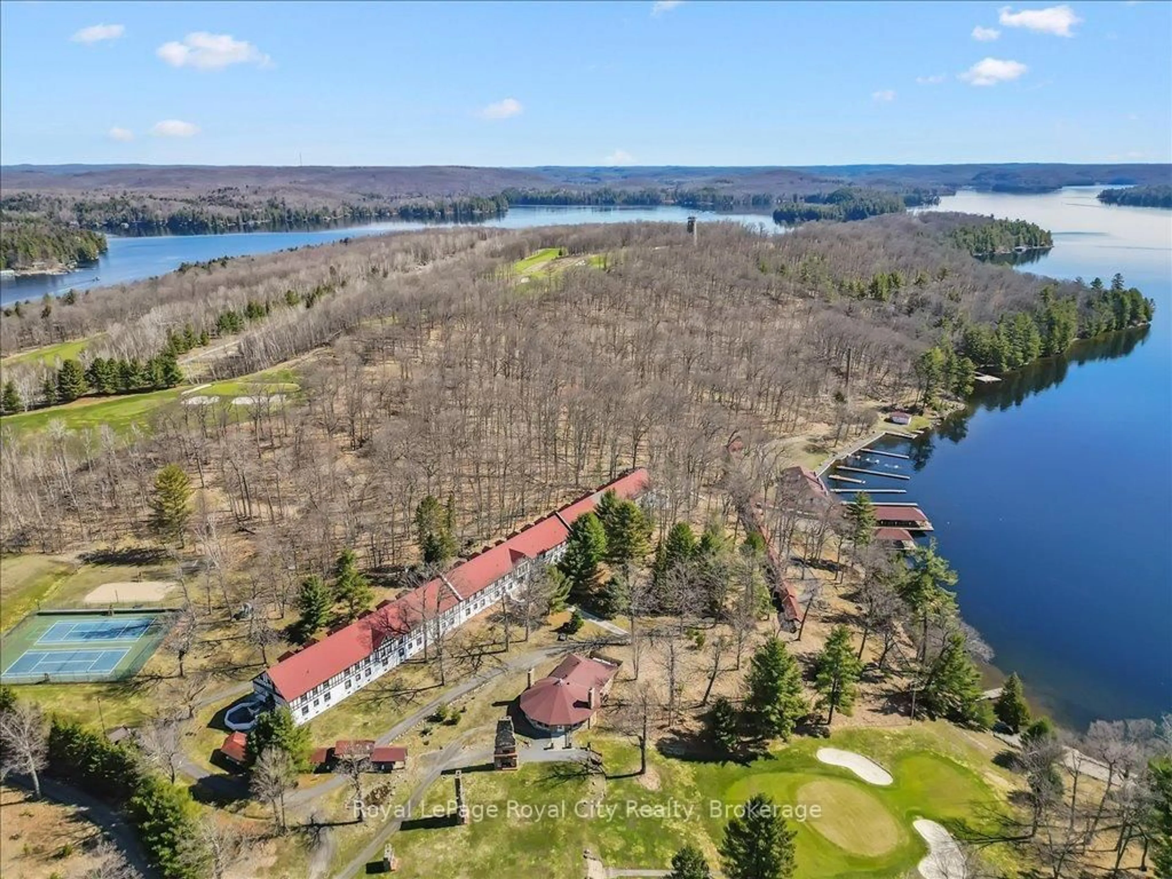 A pic from outside/outdoor area/front of a property/back of a property/a pic from drone, water/lake/river/ocean view for 12 Bigwin Island #202 & 206, Lake of Bays Ontario P0B 1A0