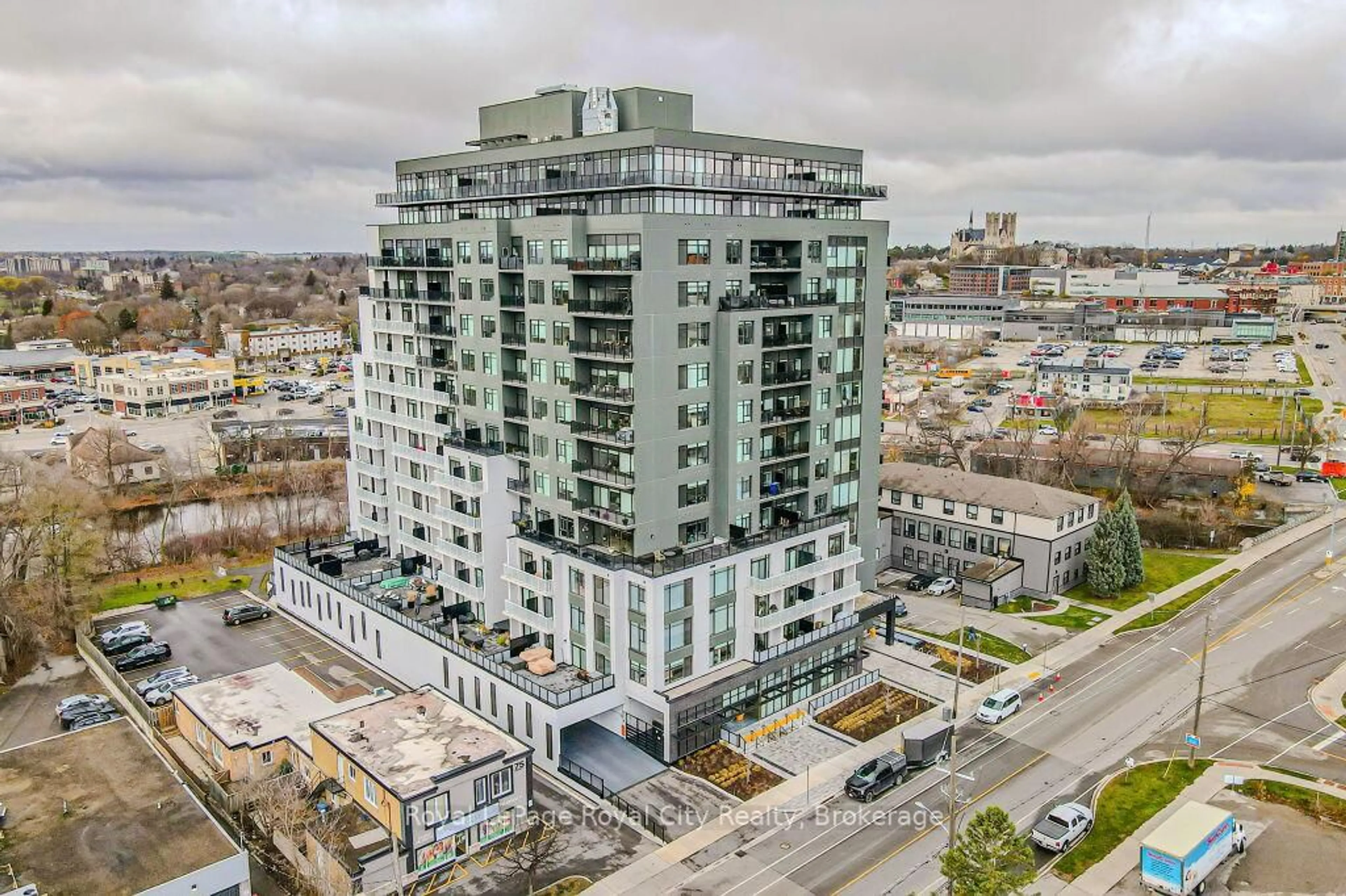 A pic from outside/outdoor area/front of a property/back of a property/a pic from drone, city buildings view from balcony for 71 Wyndham St #608, Guelph Ontario N1E 5R3