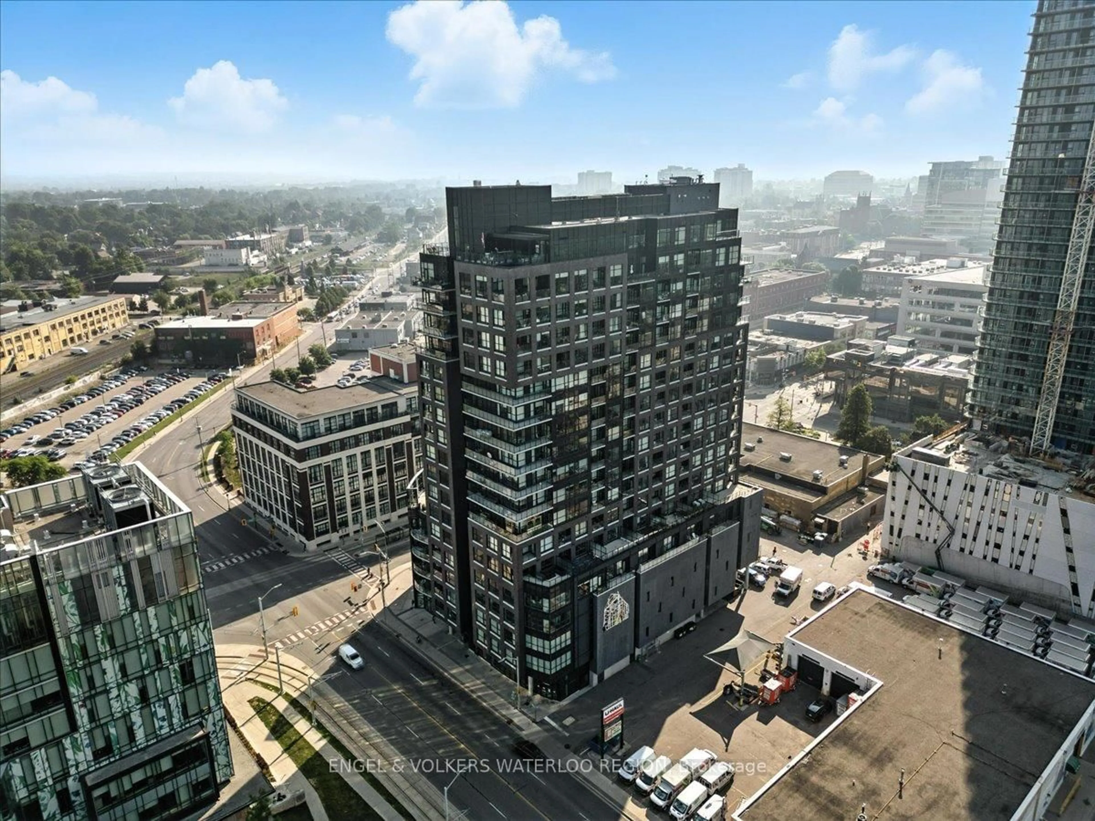 A pic from outside/outdoor area/front of a property/back of a property/a pic from drone, city buildings view from balcony for 1 Victoria St #1113, Kitchener Ontario N2G 0B5