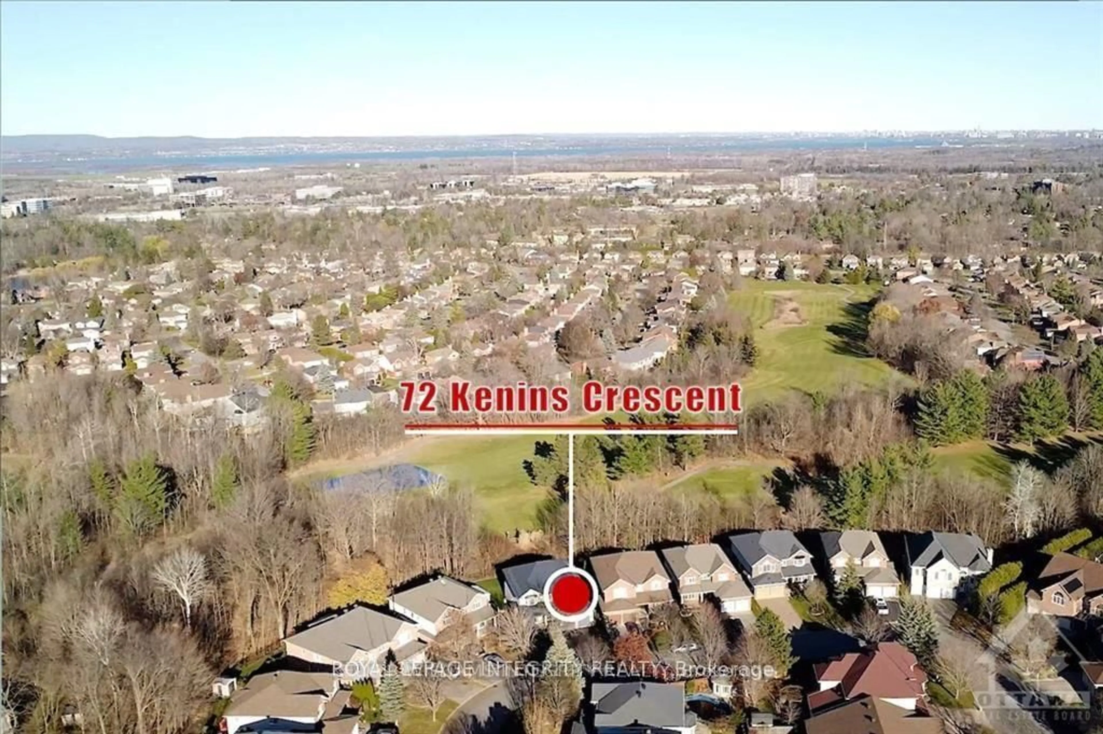A pic from outside/outdoor area/front of a property/back of a property/a pic from drone, water/lake/river/ocean view for 72 Kenins Cres, Kanata Ontario K2K 3E4