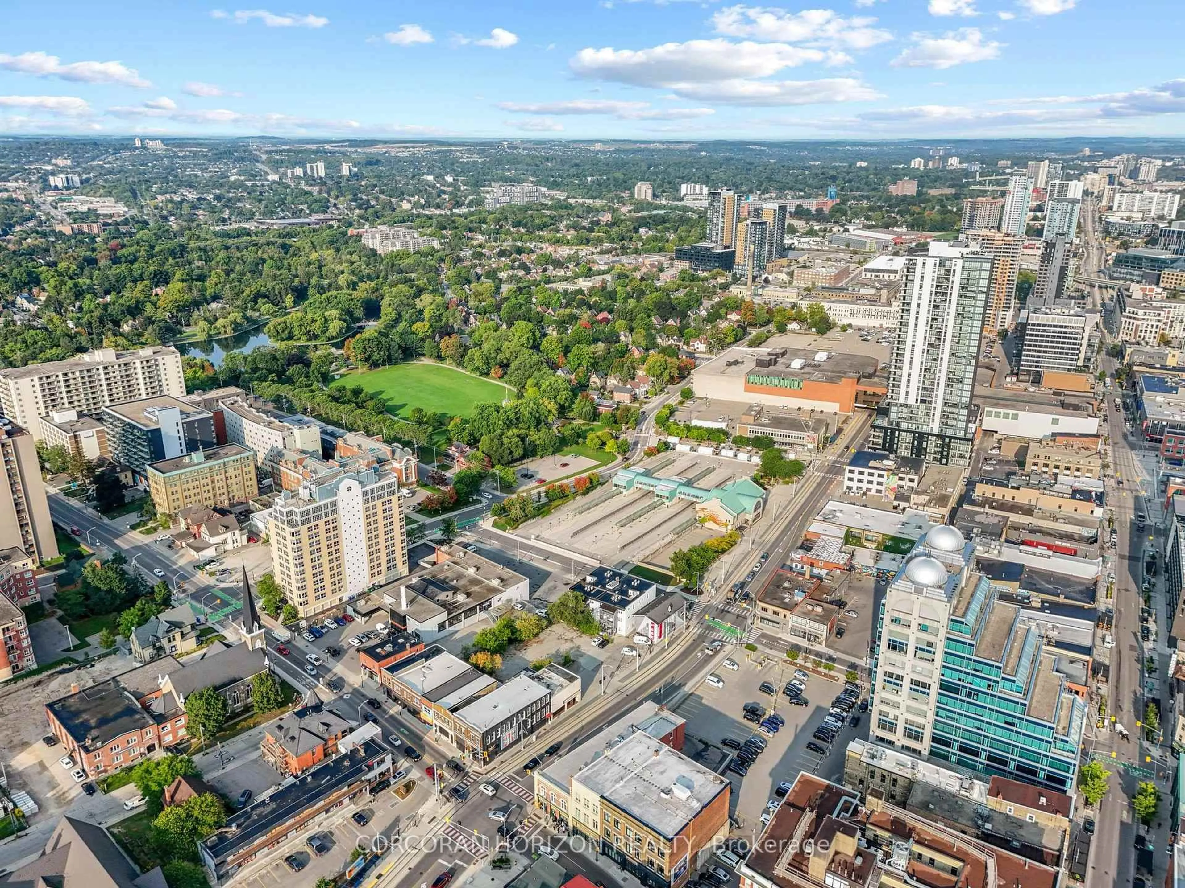 A pic from outside/outdoor area/front of a property/back of a property/a pic from drone, city buildings view from balcony for 85 Duke St #214, Kitchener Ontario N2G 1A6