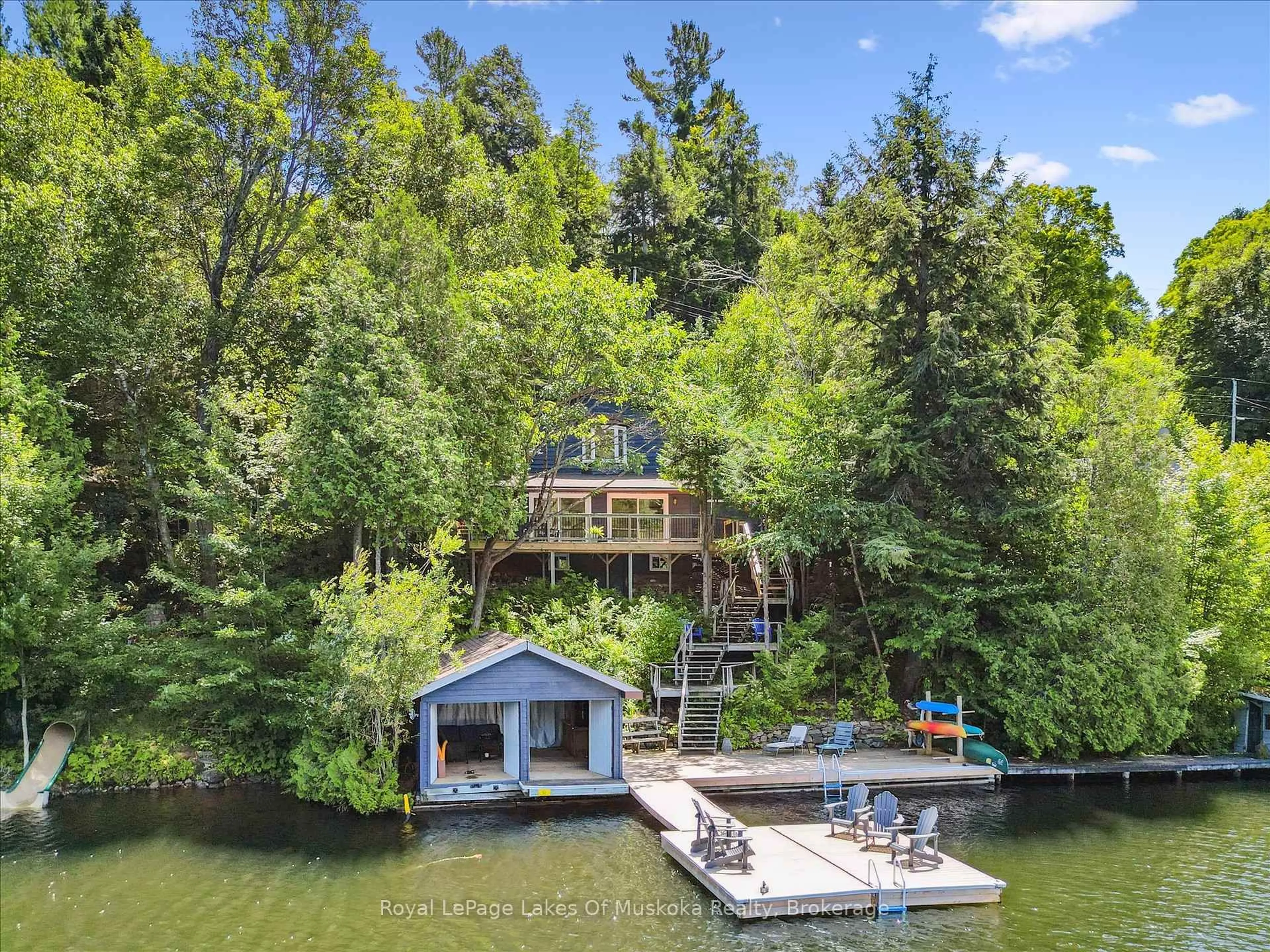 A pic from outside/outdoor area/front of a property/back of a property/a pic from drone, water/lake/river/ocean view for 1345 Sinclair Tr, Algonquin Highlands Ontario P0A 1E0