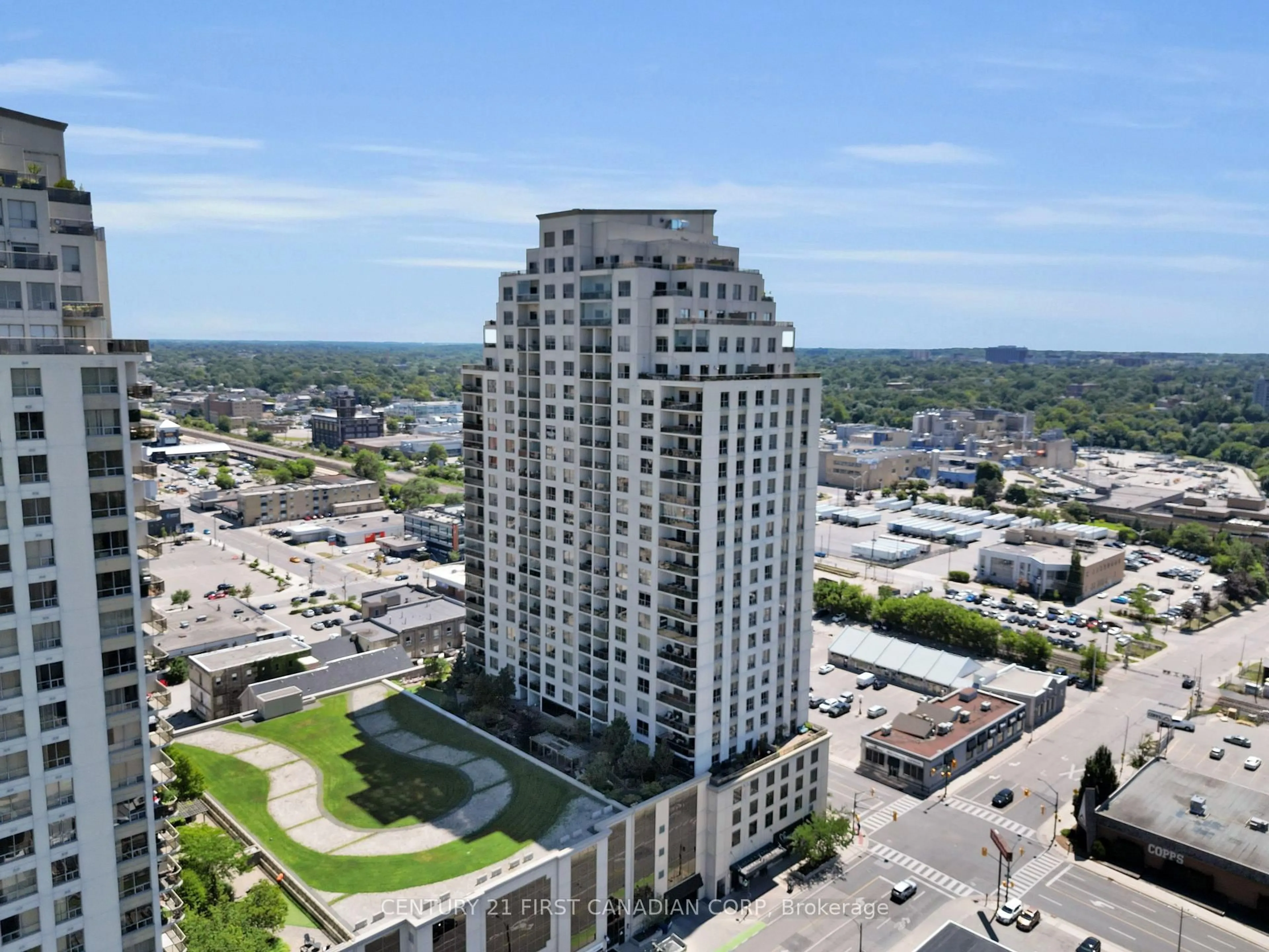 A pic from outside/outdoor area/front of a property/back of a property/a pic from drone, city buildings view from balcony for 330 Ridout St #2308, London East Ontario N6A 0A7
