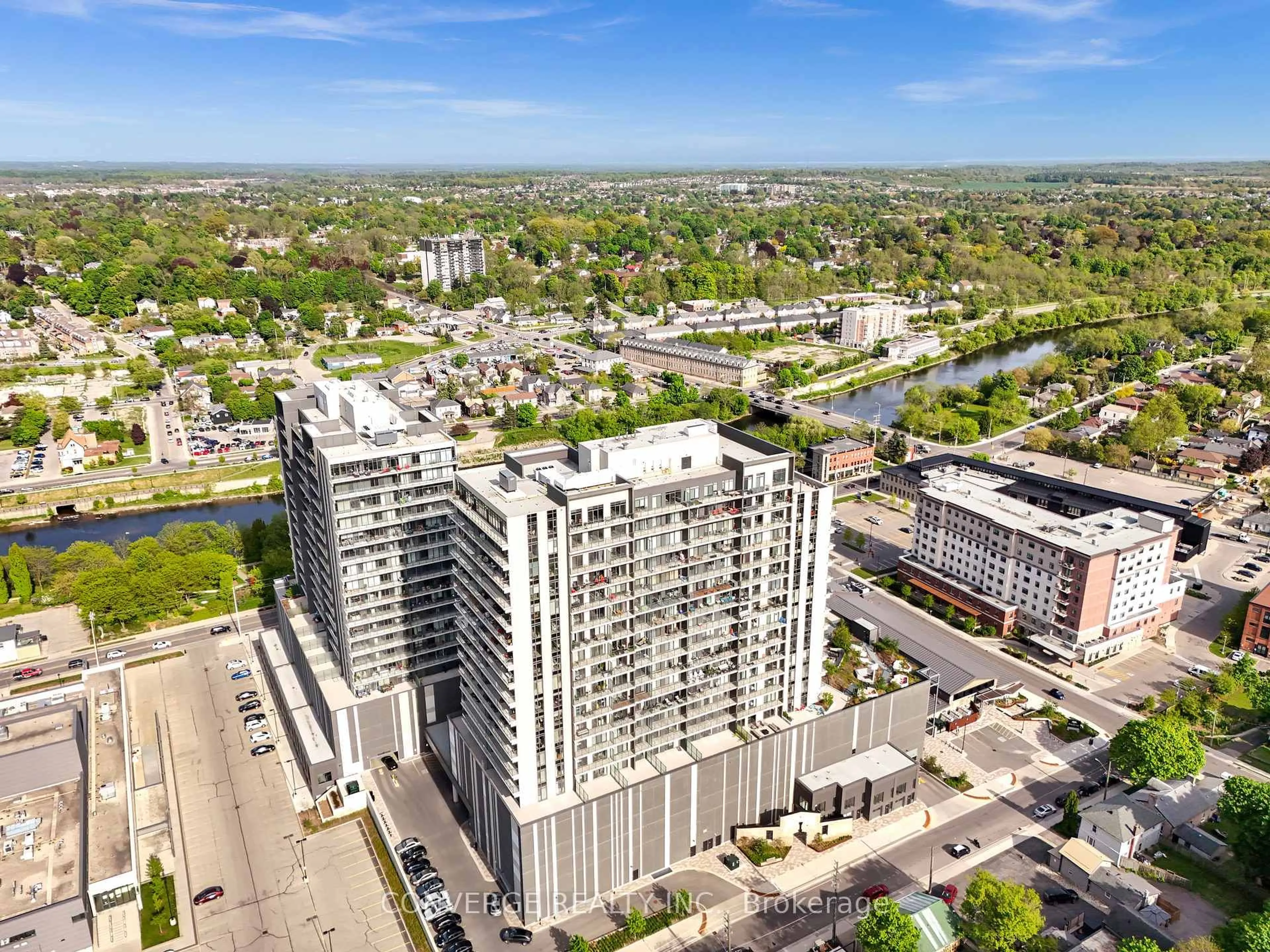 A pic from outside/outdoor area/front of a property/back of a property/a pic from drone, city buildings view from balcony for 15 Glebe St #1903, Cambridge Ontario N1S 0C3