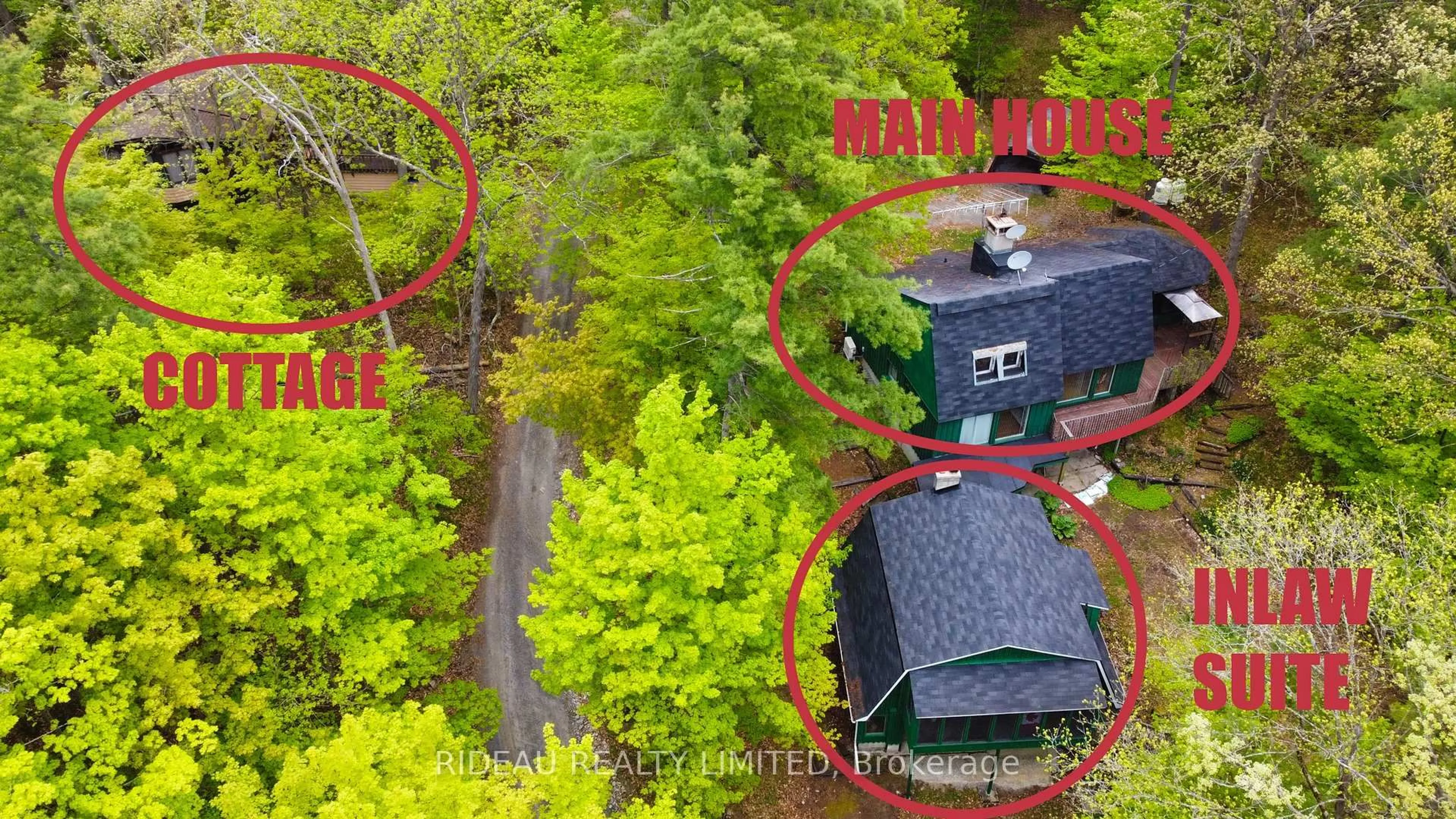 A pic from outside/outdoor area/front of a property/back of a property/a pic from drone, forest/trees view for 21 Fox Ru, Rideau Lakes Ontario K0G 1E0