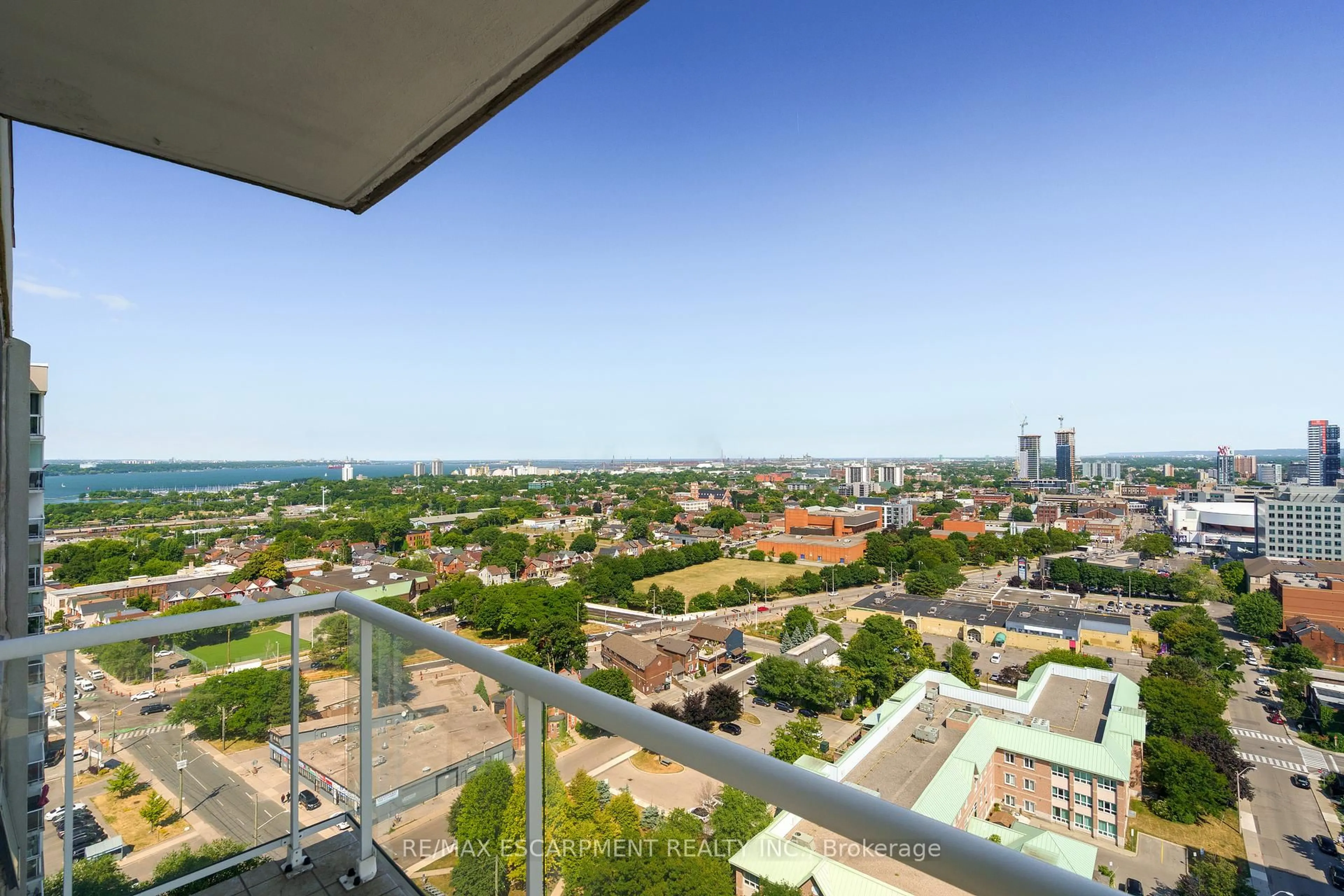 Balcony in the apartment, city buildings view from balcony for 75 Queen St #2203, Hamilton Ontario L8R 3J3
