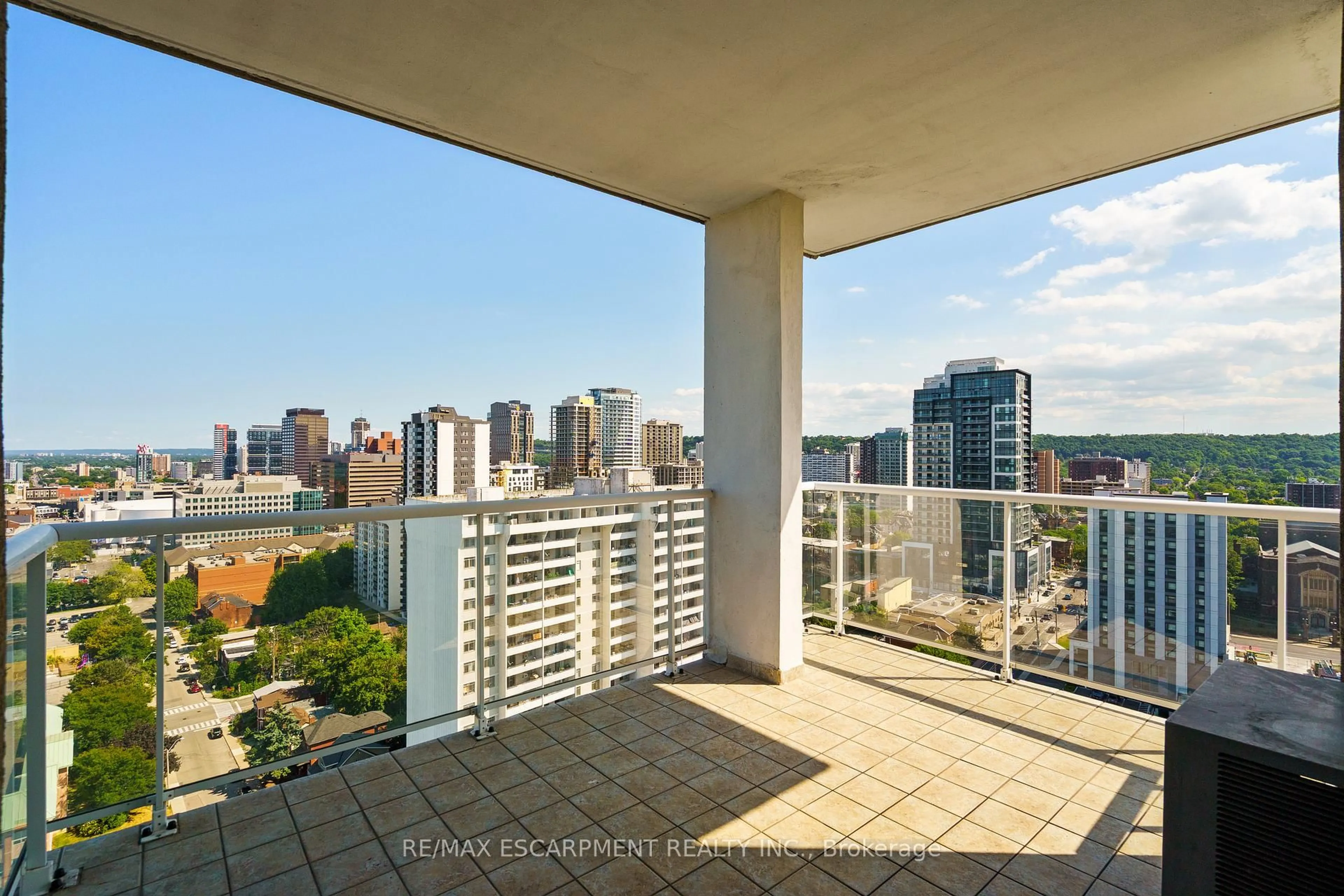 Balcony in the apartment, city buildings view from balcony for 75 Queen St #2203, Hamilton Ontario L8R 3J3
