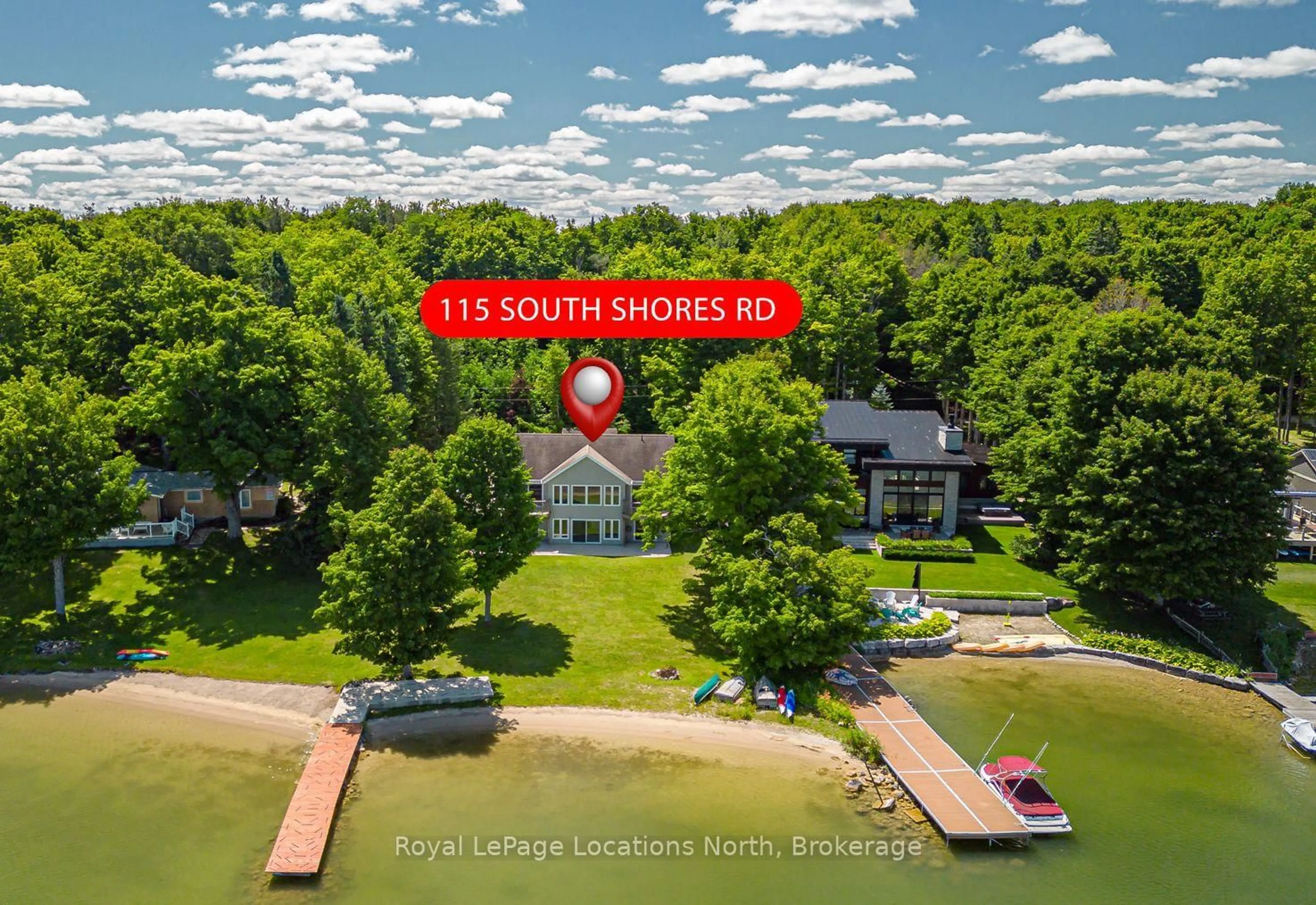 A pic from outside/outdoor area/front of a property/back of a property/a pic from drone, water/lake/river/ocean view for 115 South Shores Rd, Grey Highlands Ontario N0C 1E0