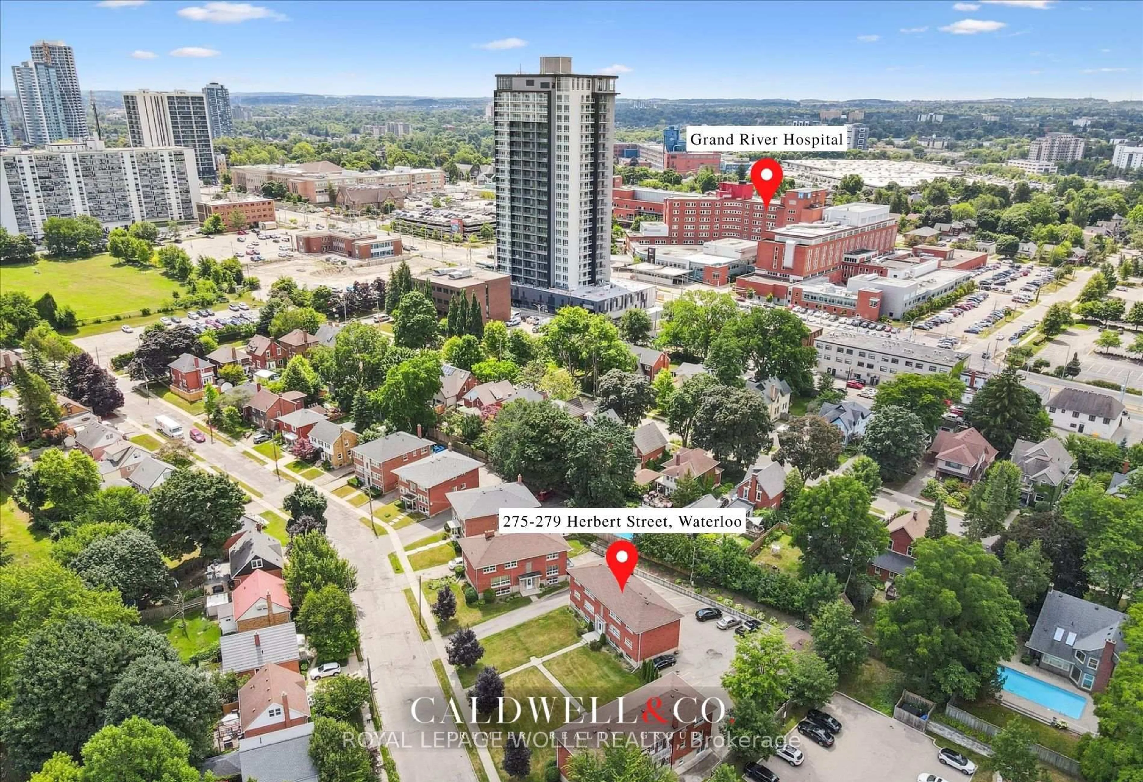 A pic from outside/outdoor area/front of a property/back of a property/a pic from drone, city buildings view from balcony for 275-279 Herbert St, Waterloo Ontario N2J 1V3