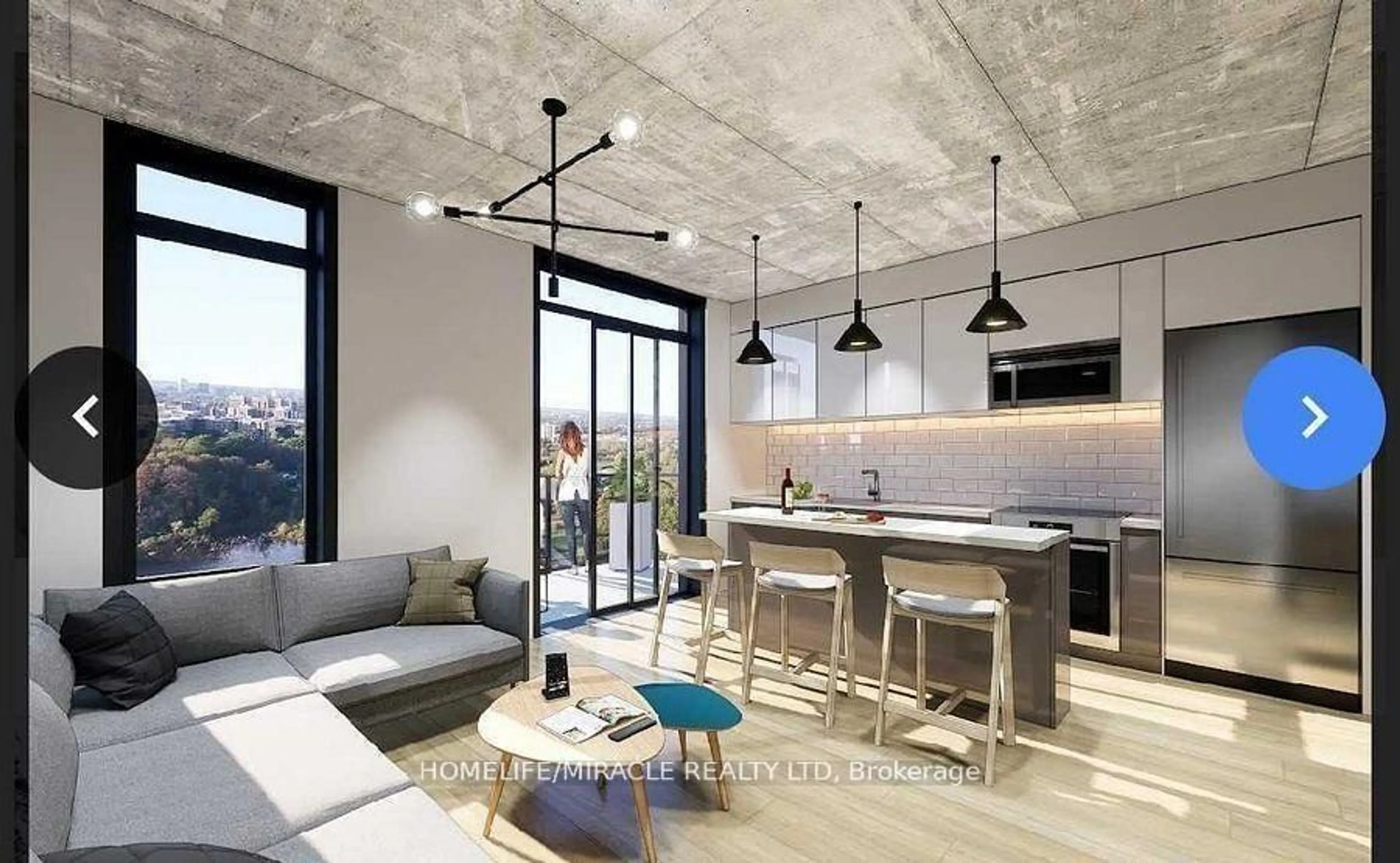 Open concept kitchen, cement floor for 7 Erie Ave #712, Brantford Ontario N3S 2E7