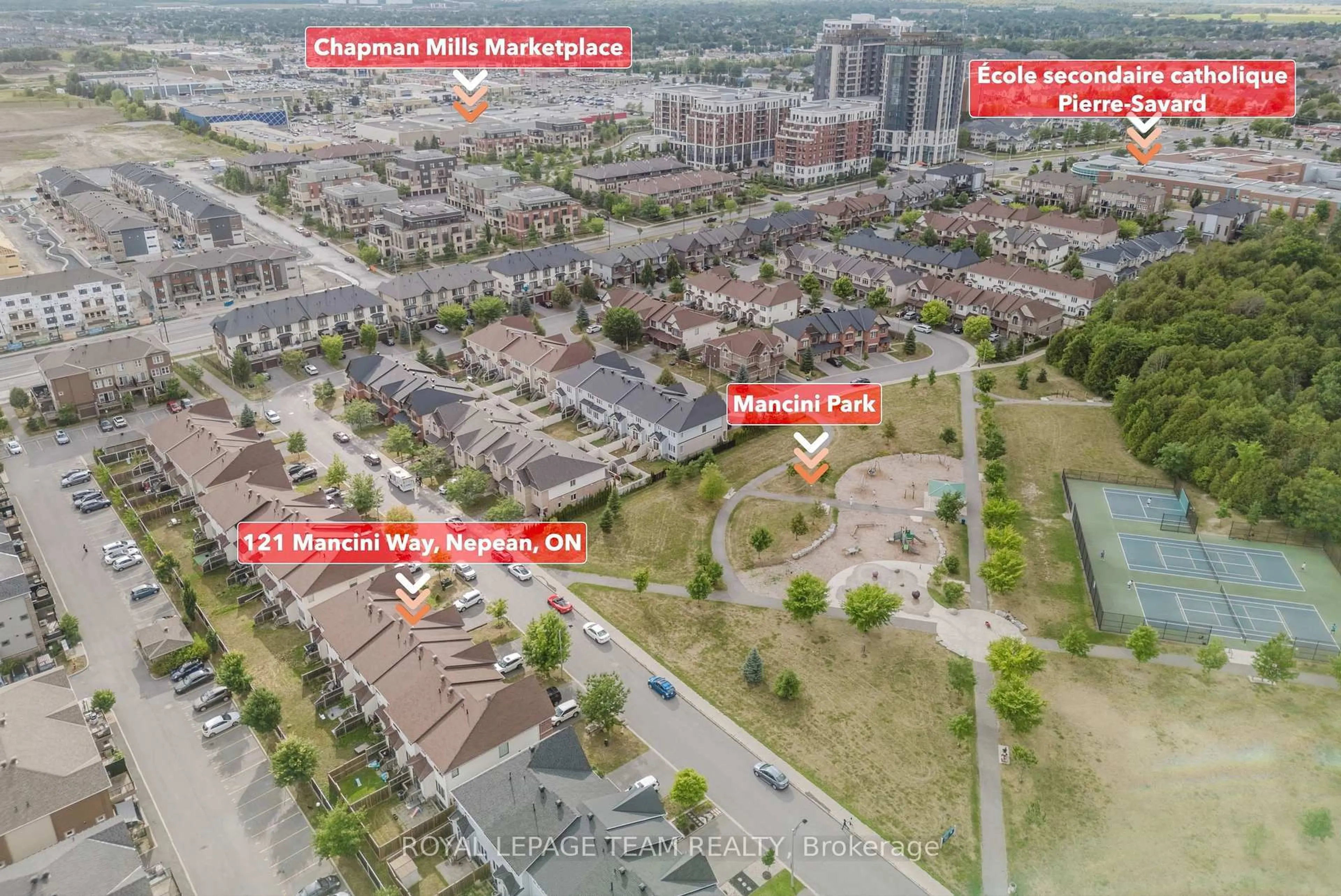 A pic from outside/outdoor area/front of a property/back of a property/a pic from drone, street for 121 Mancini Way, Ottawa Ontario K2J 5X3