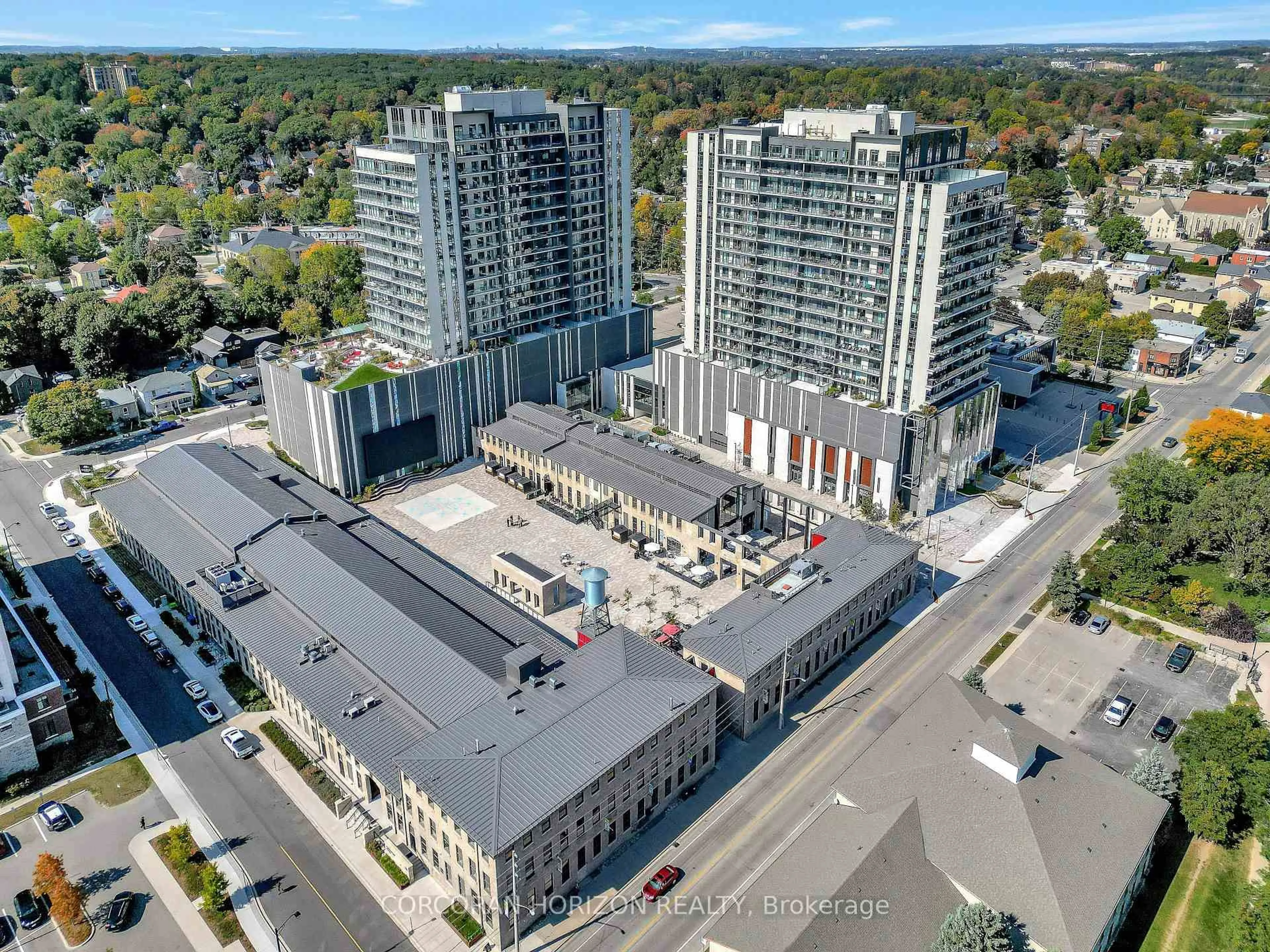A pic from outside/outdoor area/front of a property/back of a property/a pic from drone, city buildings view from balcony for 15 Glebe St #710, Cambridge Ontario N1S 0C3