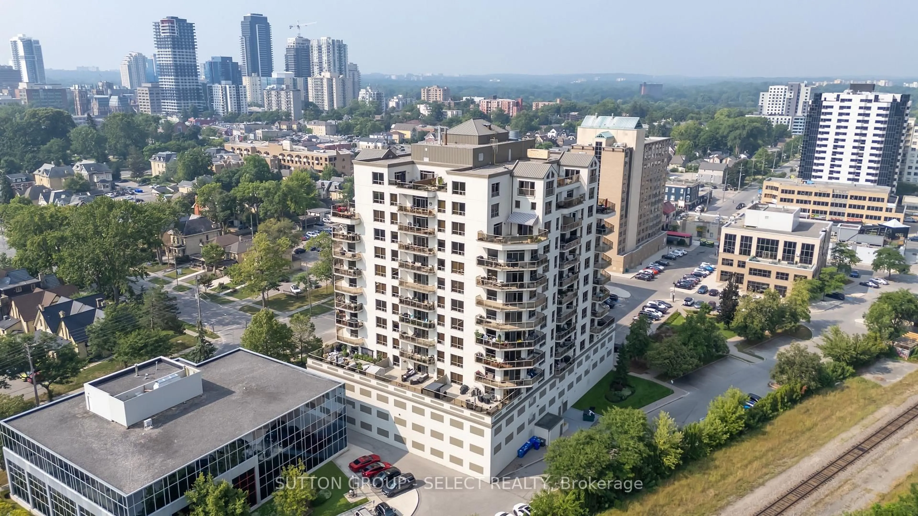 A pic from outside/outdoor area/front of a property/back of a property/a pic from drone, city buildings view from balcony for 250 Pall Mall St #1007, London East Ontario N6A 6K3