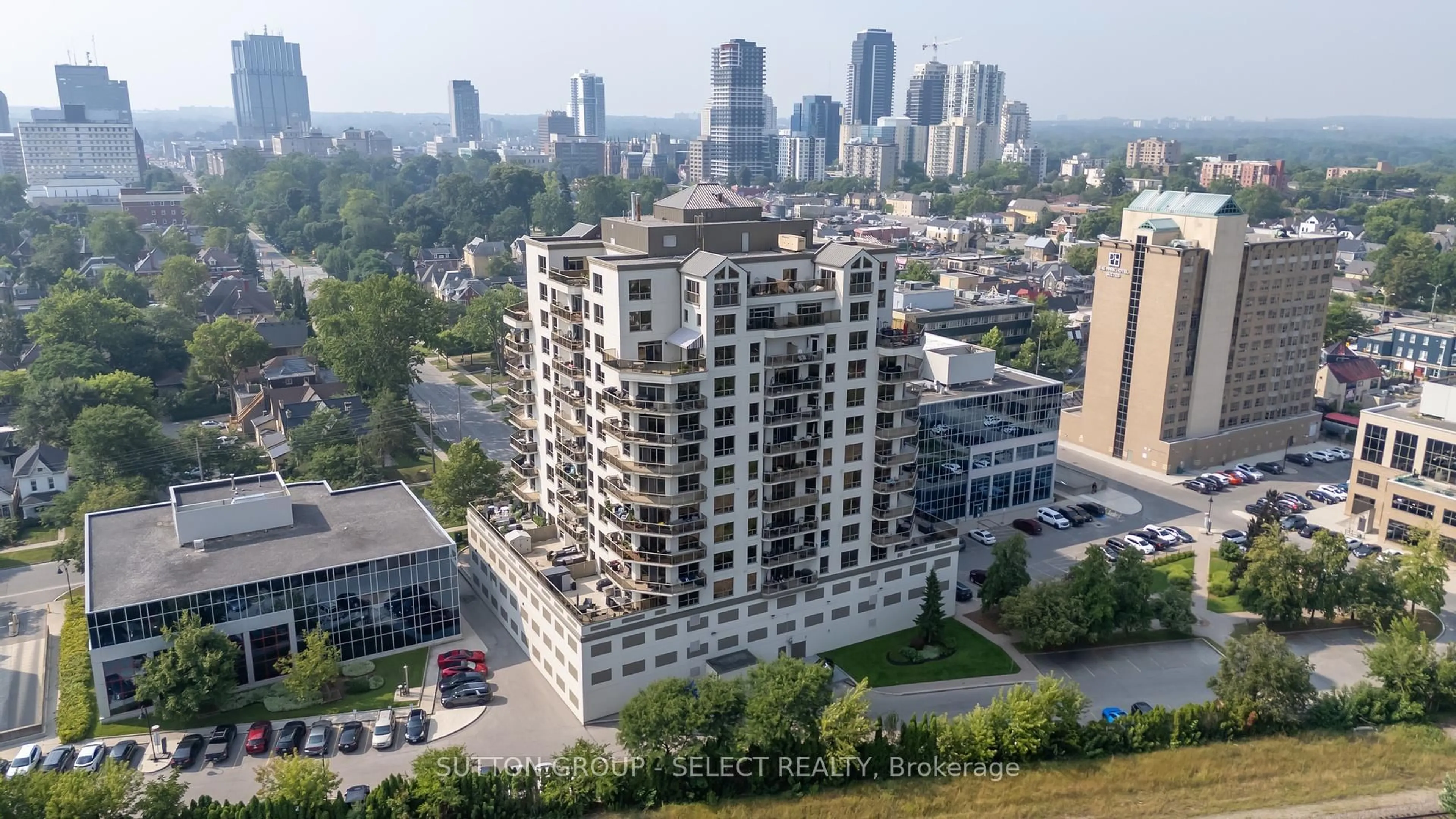 A pic from outside/outdoor area/front of a property/back of a property/a pic from drone, city buildings view from balcony for 250 Pall Mall St #1007, London East Ontario N6A 6K3