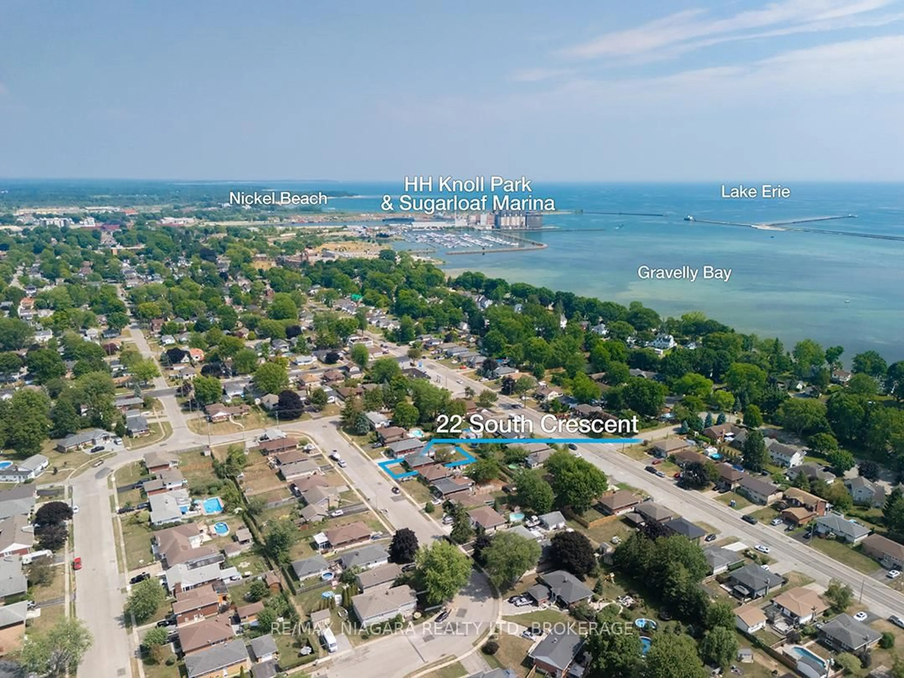 A pic from outside/outdoor area/front of a property/back of a property/a pic from drone, water/lake/river/ocean view for 22 South Cres, Port Colborne Ontario L3K 2X9