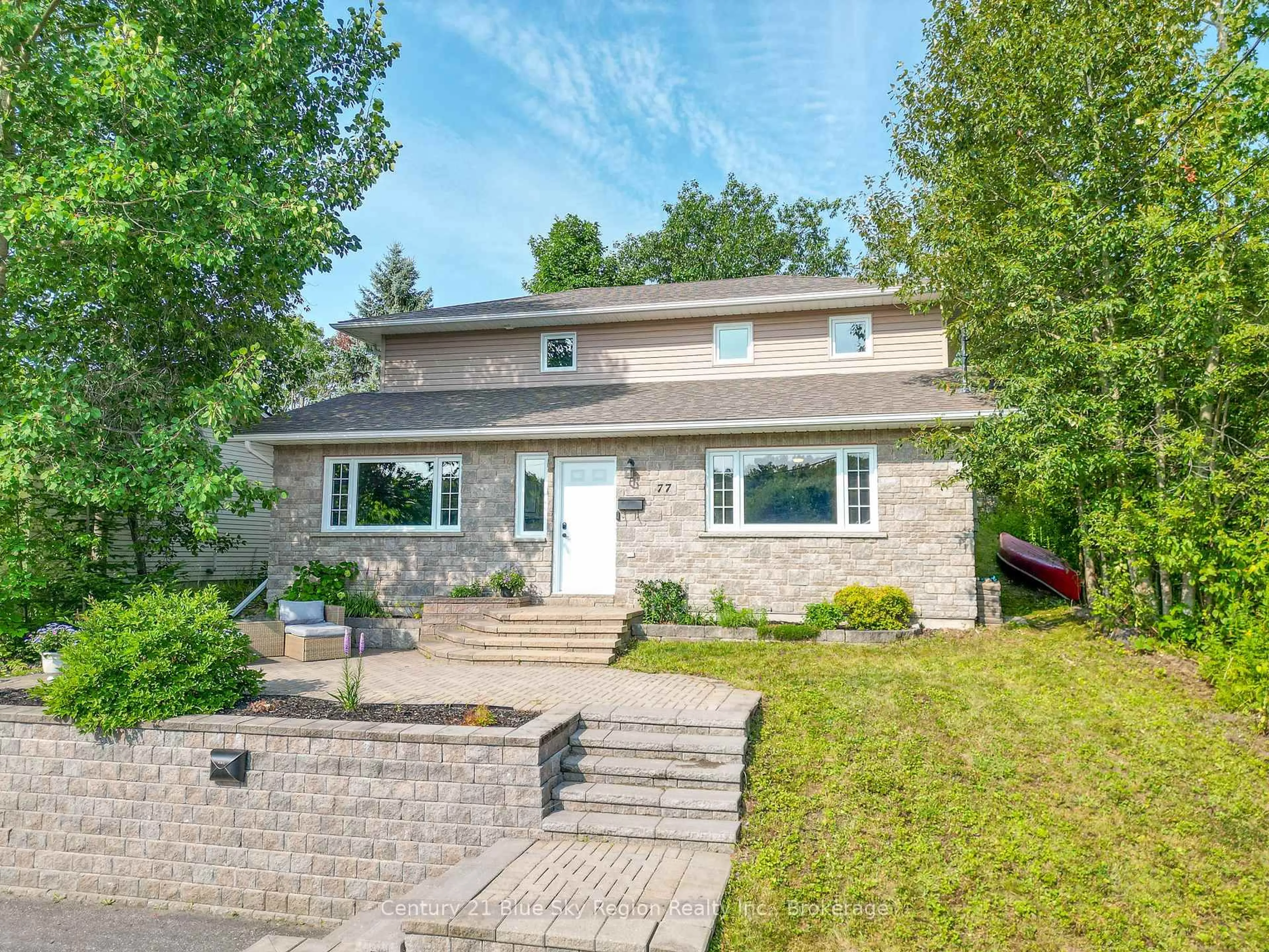 Home with brick exterior material, street for 77 Shallot Cres, North Bay Ontario P1A 3V7