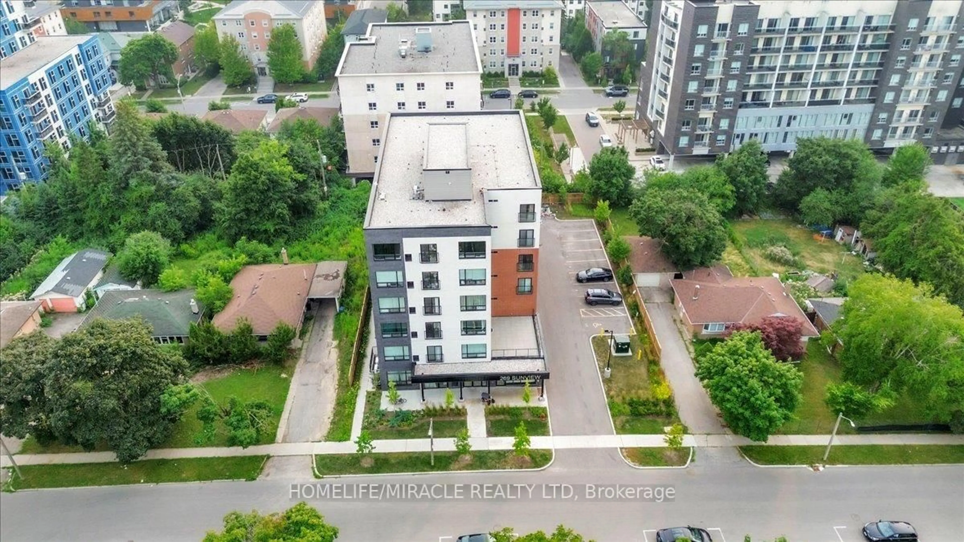 A pic from outside/outdoor area/front of a property/back of a property/a pic from drone, city buildings view from balcony for 269 Sunview St #205, Waterloo Ontario N2L 3V8