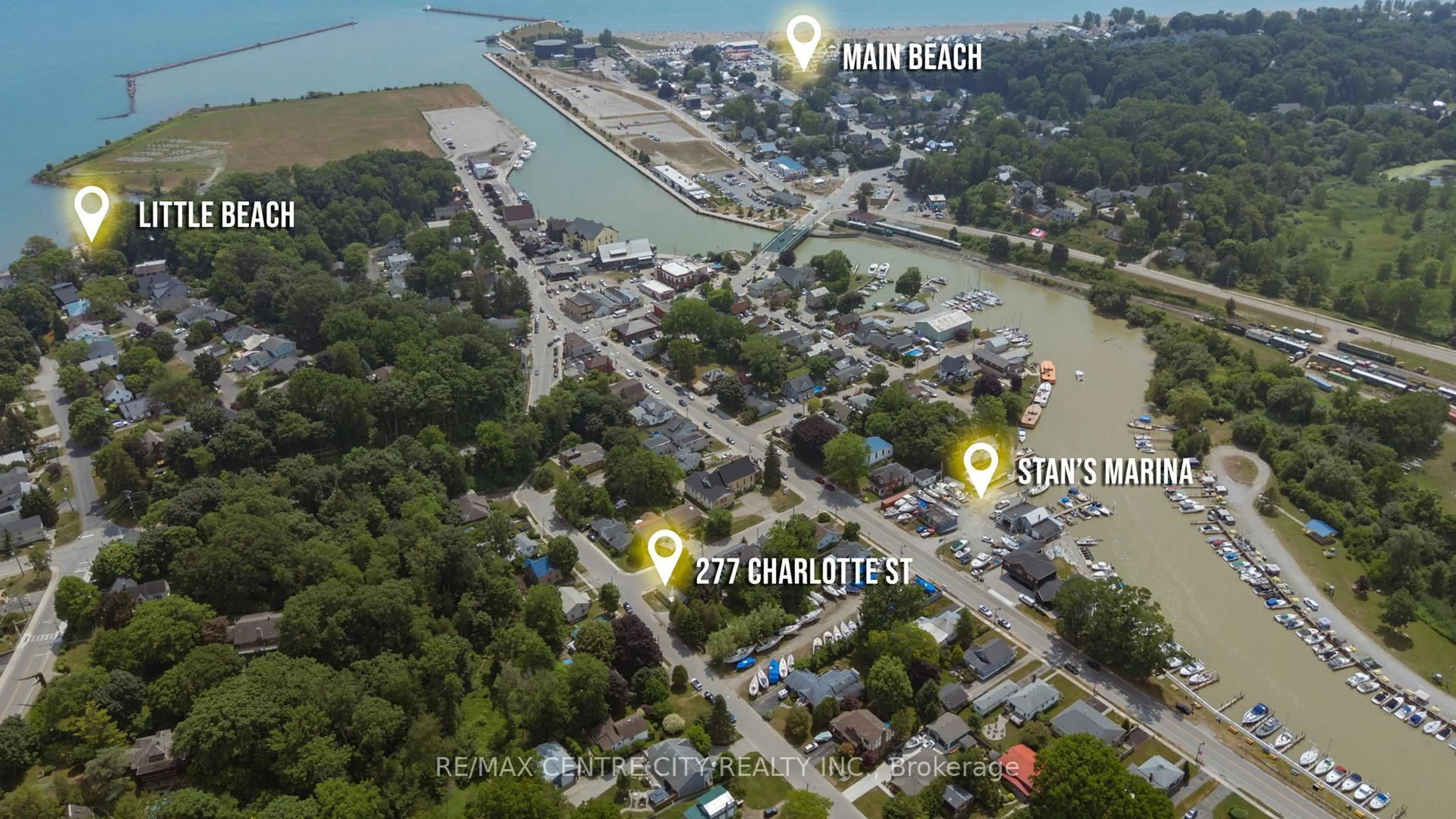 A pic from outside/outdoor area/front of a property/back of a property/a pic from drone, water/lake/river/ocean view for 277 Charlotte St, Central Elgin Ontario N5L 1A8