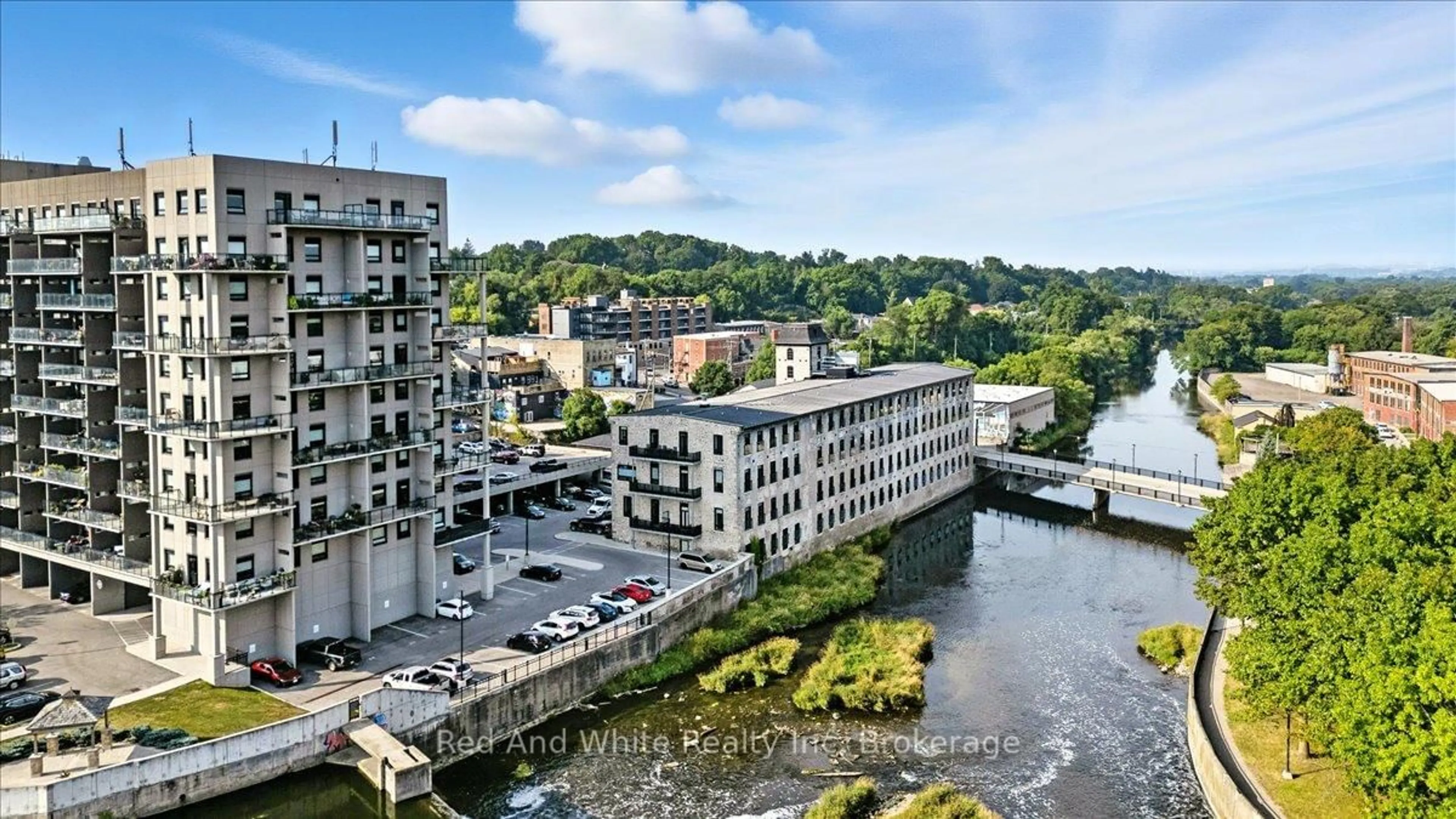 A pic from outside/outdoor area/front of a property/back of a property/a pic from drone, water/lake/river/ocean view for 19 Guelph Ave #408, Cambridge Ontario N3C 1A2