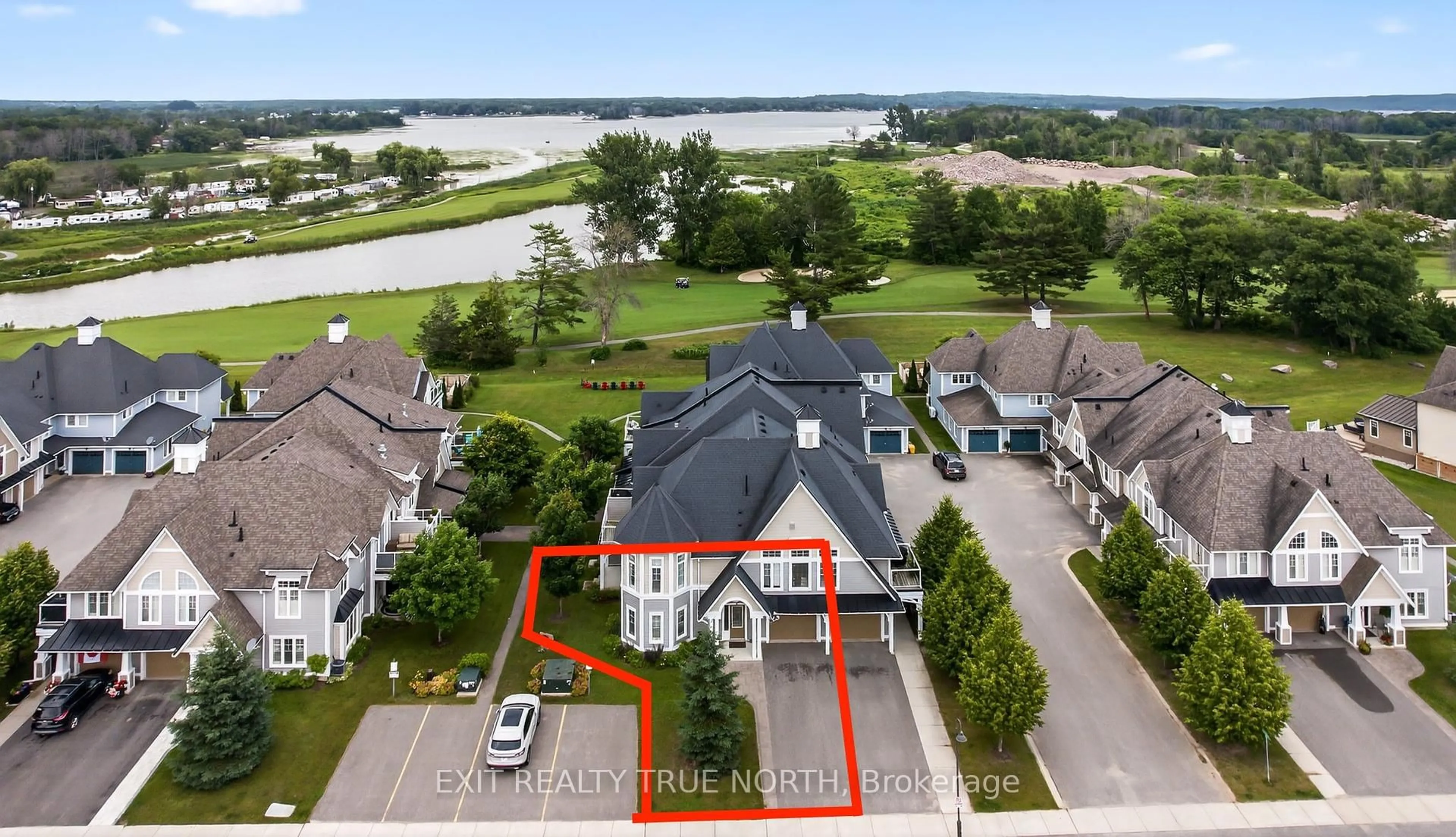 A pic from outside/outdoor area/front of a property/back of a property/a pic from drone, water/lake/river/ocean view for 2 Carnoustie Lane, Georgian Bay Ontario L0K 1S0