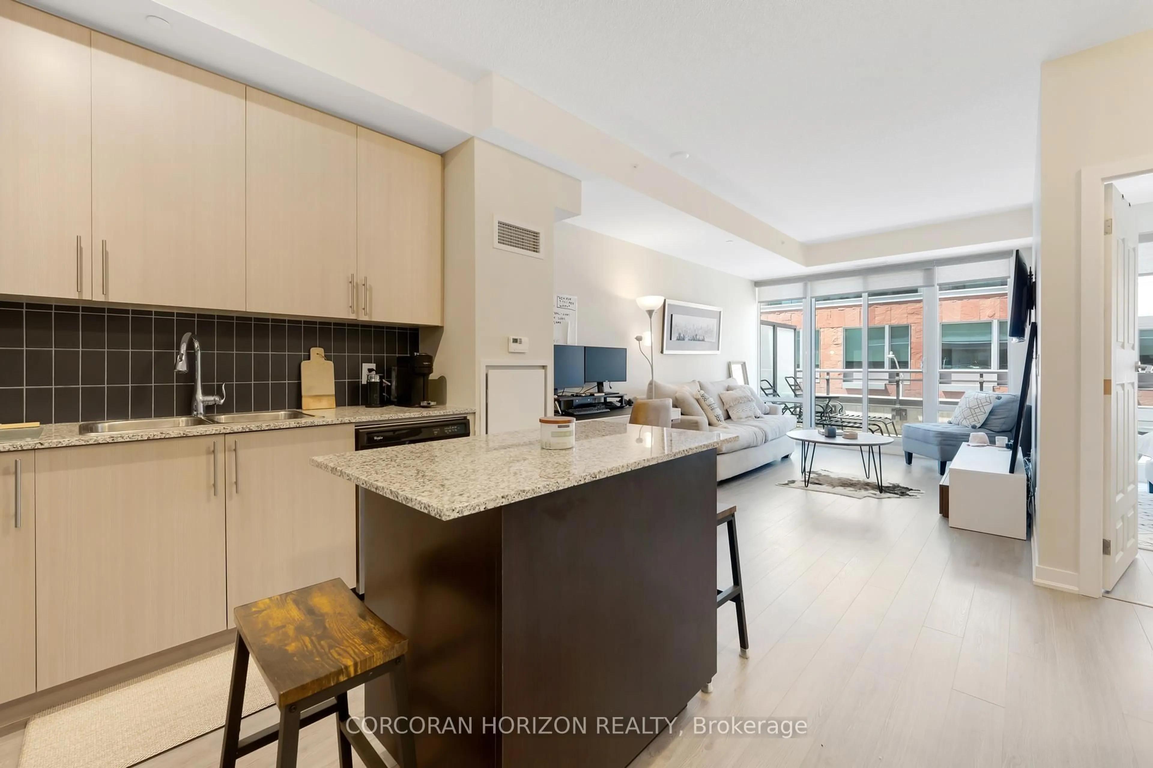 Open concept kitchen, ceramic/tile floor for 85 Duke St #214, Kitchener Ontario N2G 1A6