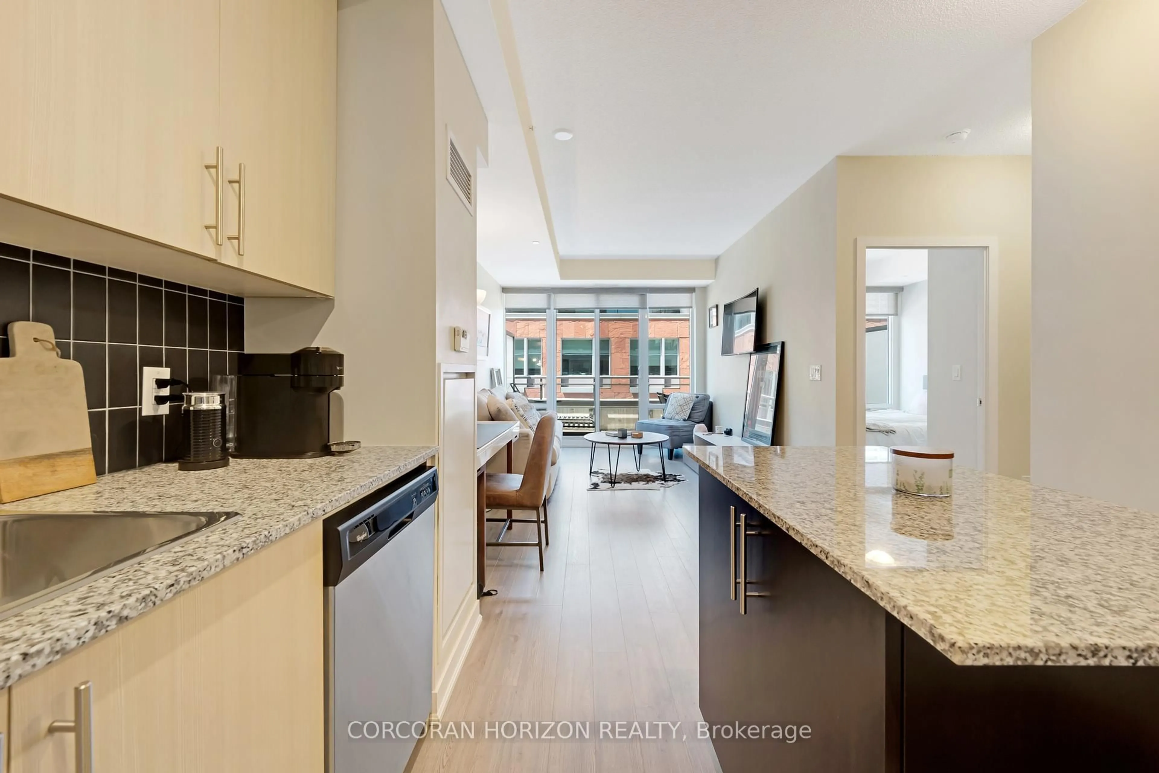 Open concept kitchen, ceramic/tile floor for 85 Duke St #214, Kitchener Ontario N2G 1A6