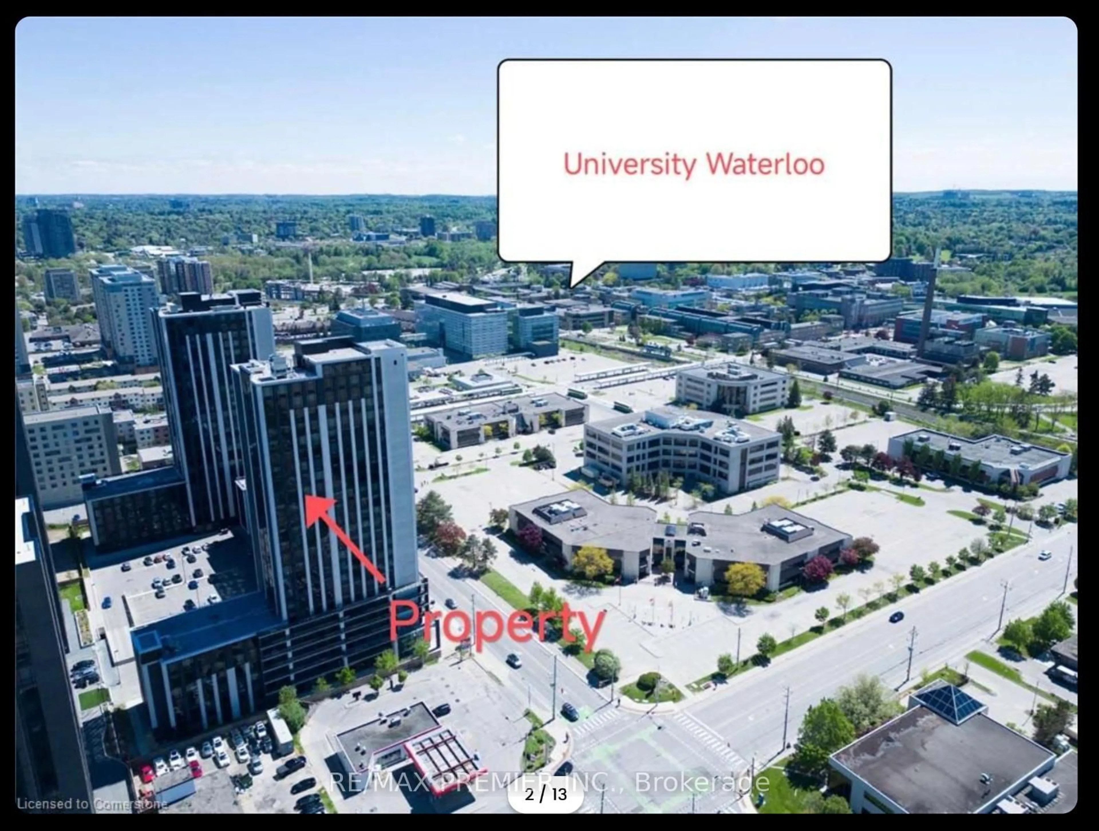 A pic from outside/outdoor area/front of a property/back of a property/a pic from drone, city buildings view from balcony for 330 Phillip St #S803, Waterloo Ontario N2L 3W9