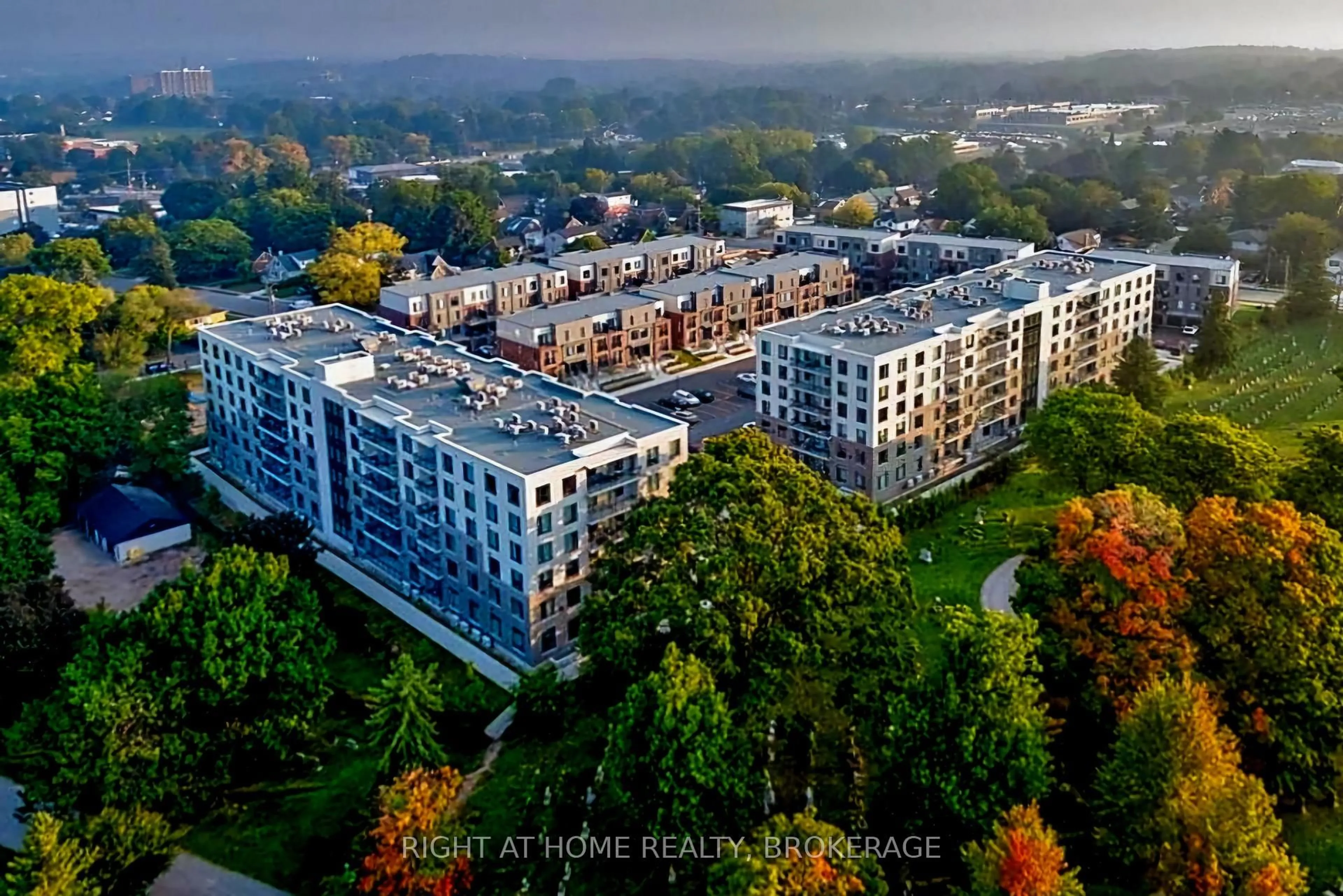 A pic from outside/outdoor area/front of a property/back of a property/a pic from drone, city buildings view from balcony for 107 Roger St #505, Waterloo Ontario N2J 0G3