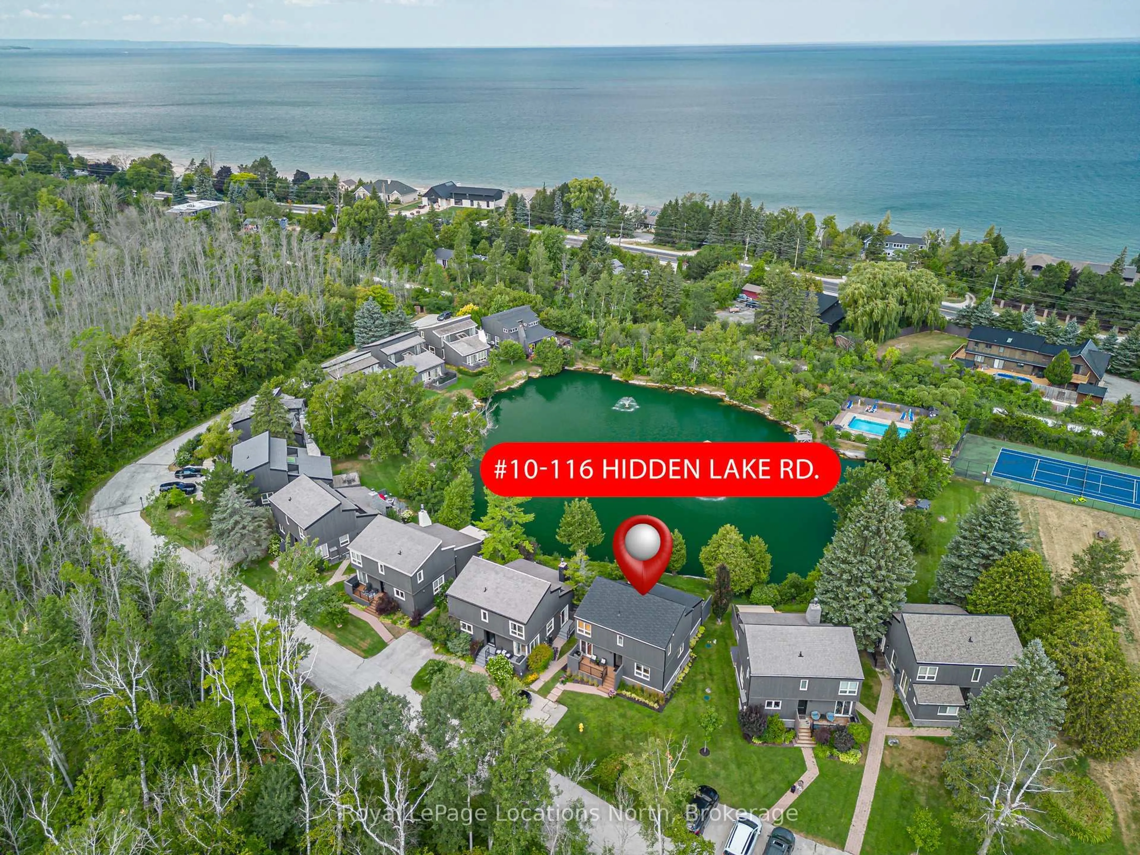 A pic from outside/outdoor area/front of a property/back of a property/a pic from drone, water/lake/river/ocean view for 116 Hidden Lake Rd #10, Blue Mountains Ontario L9Y 0T6