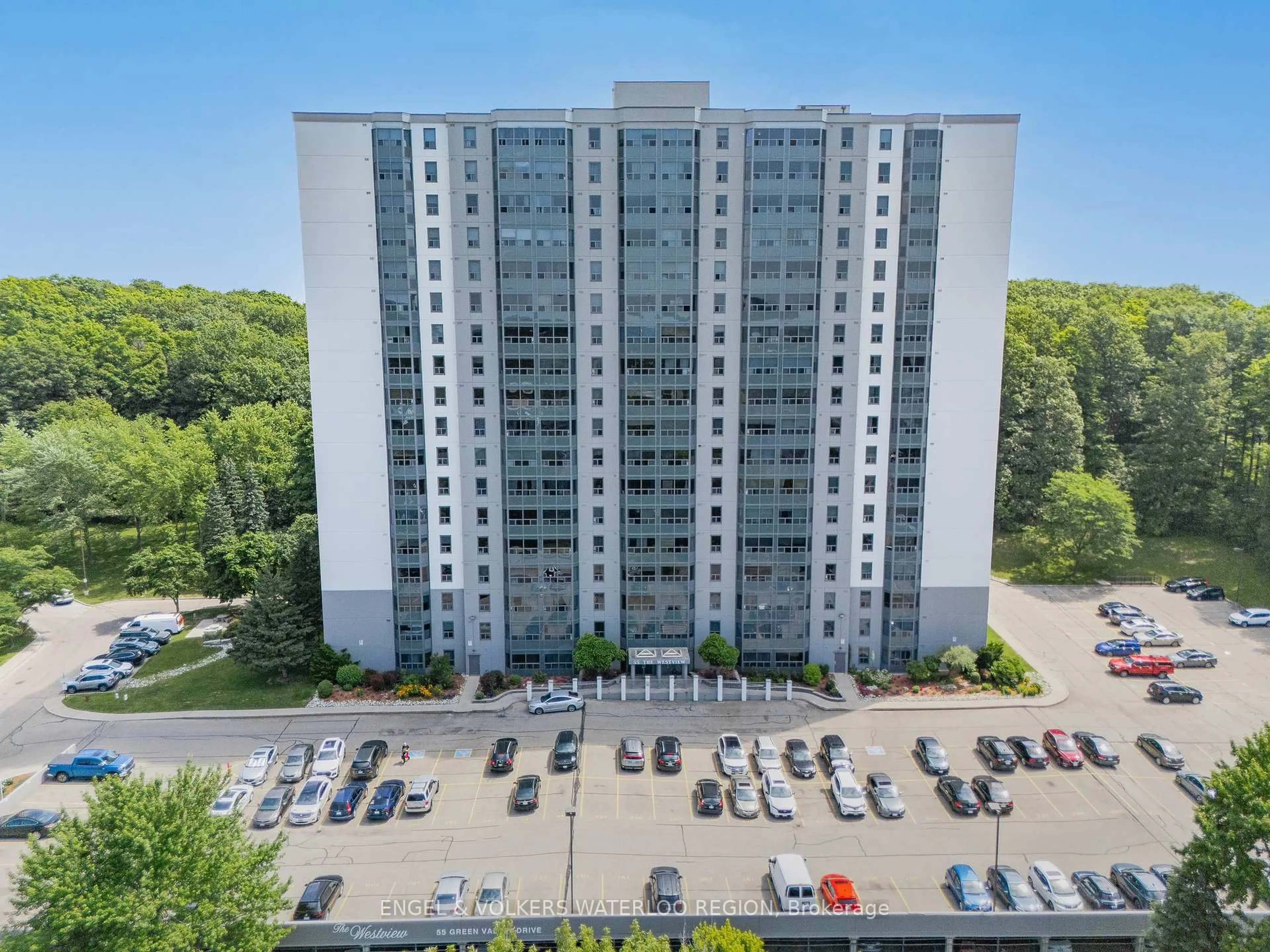 A pic from outside/outdoor area/front of a property/back of a property/a pic from drone, city buildings view from balcony for 55 Green Valley Dr #1701, Kitchener Ontario N2P 1Z6