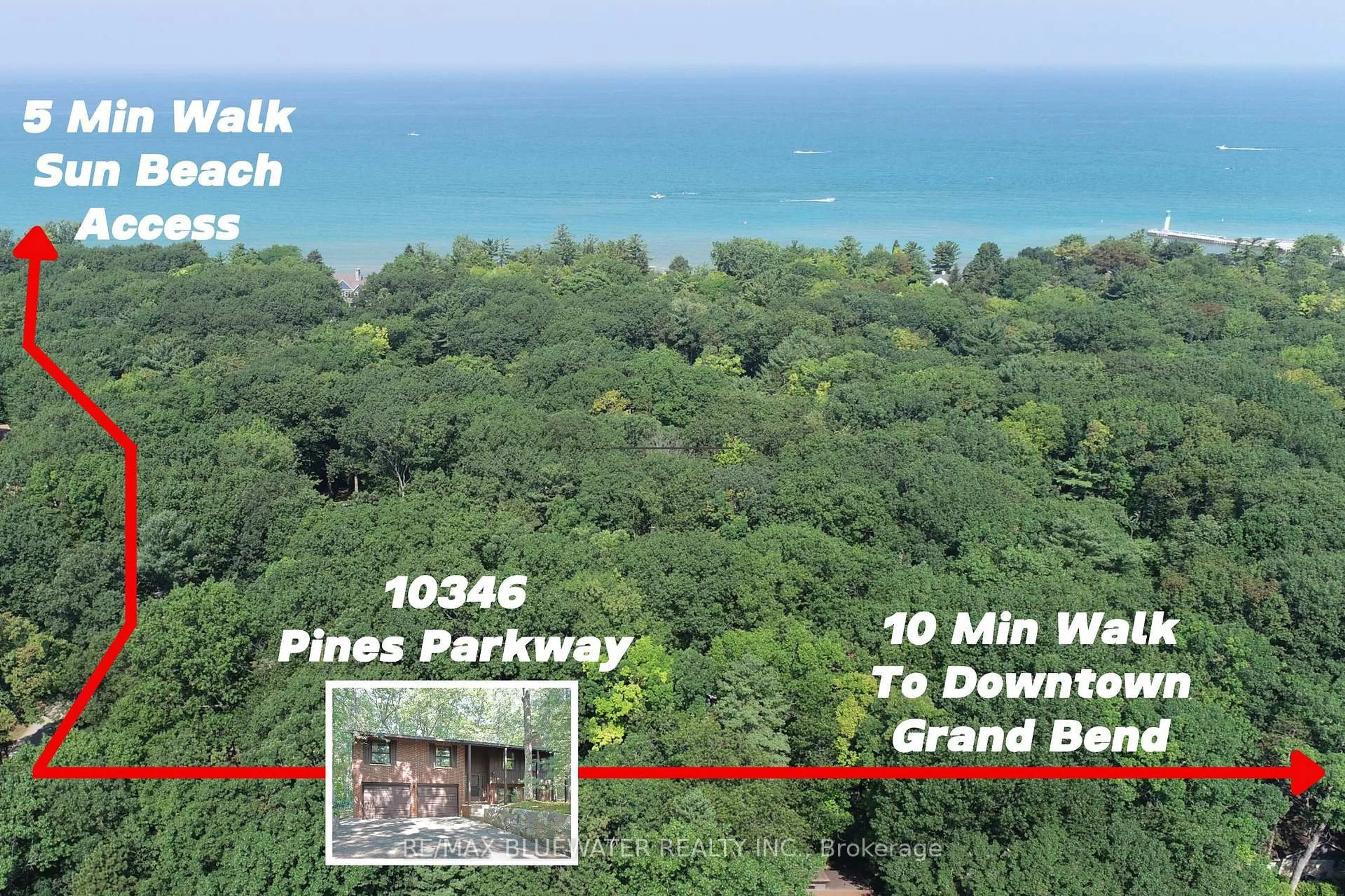 A pic from outside/outdoor area/front of a property/back of a property/a pic from drone, water/lake/river/ocean view for 10346 Pines Pkwy, Lambton Shores Ontario N0M 1T0