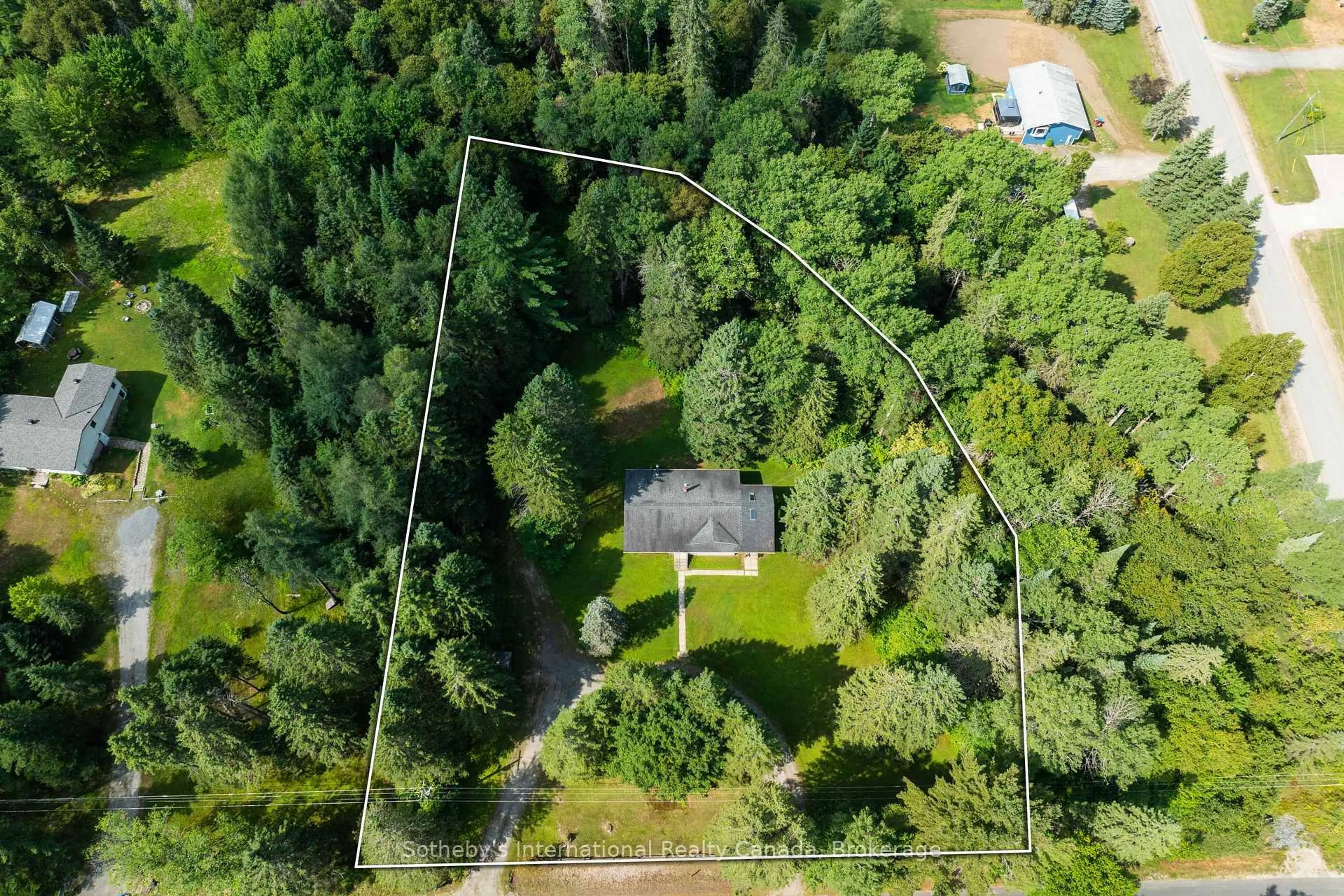 A pic from outside/outdoor area/front of a property/back of a property/a pic from drone, forest/trees view for 116 Etwell Rd, Huntsville Ontario P1H 2J2