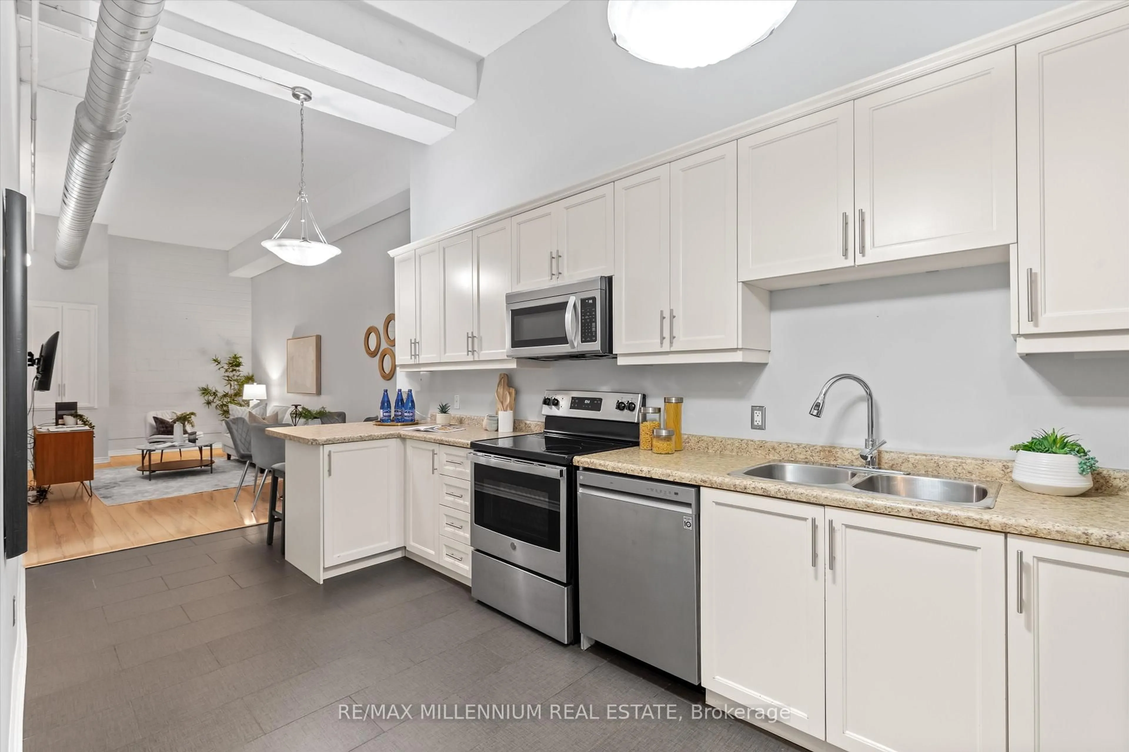 Open concept kitchen, ceramic/tile floor for 80 King William St #212, Hamilton Ontario L8R 0A1