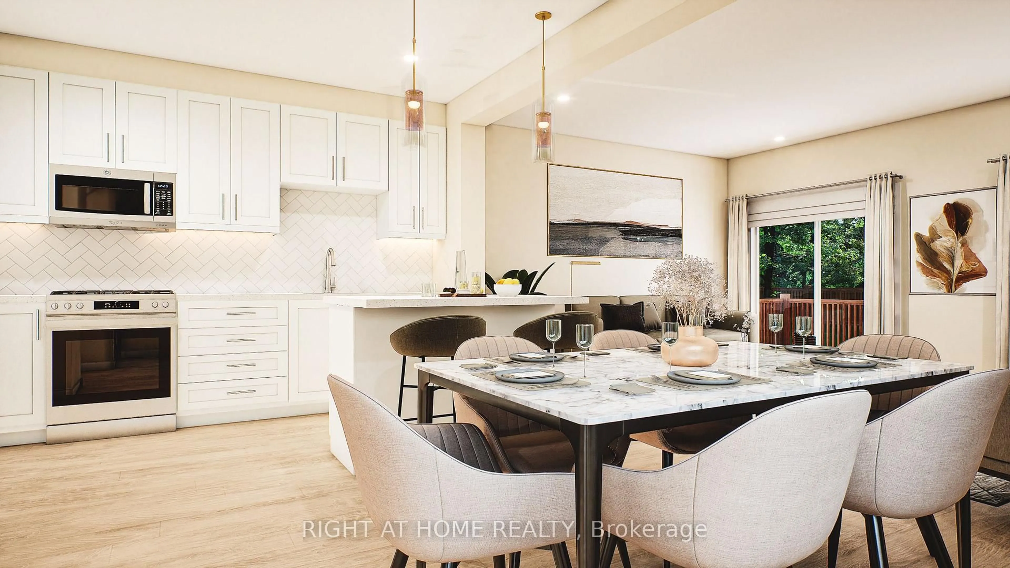 Open concept kitchen, wood/laminate floor for 4040 Mountain St #48, Lincoln Ontario L0R 1B7