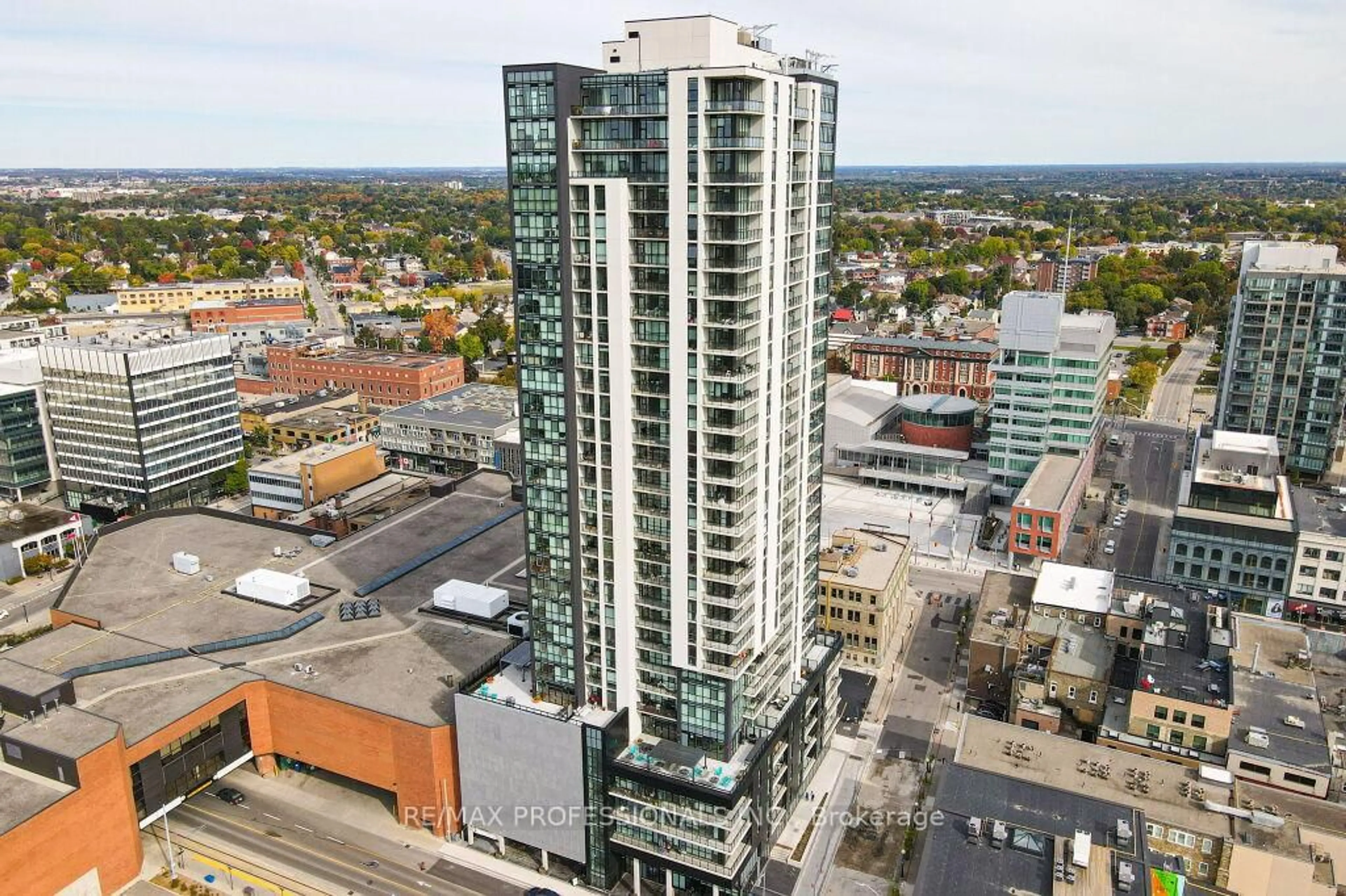A pic from outside/outdoor area/front of a property/back of a property/a pic from drone, city buildings view from balcony for 60 Charles St #2504, Kitchener Ontario N2G 0C9