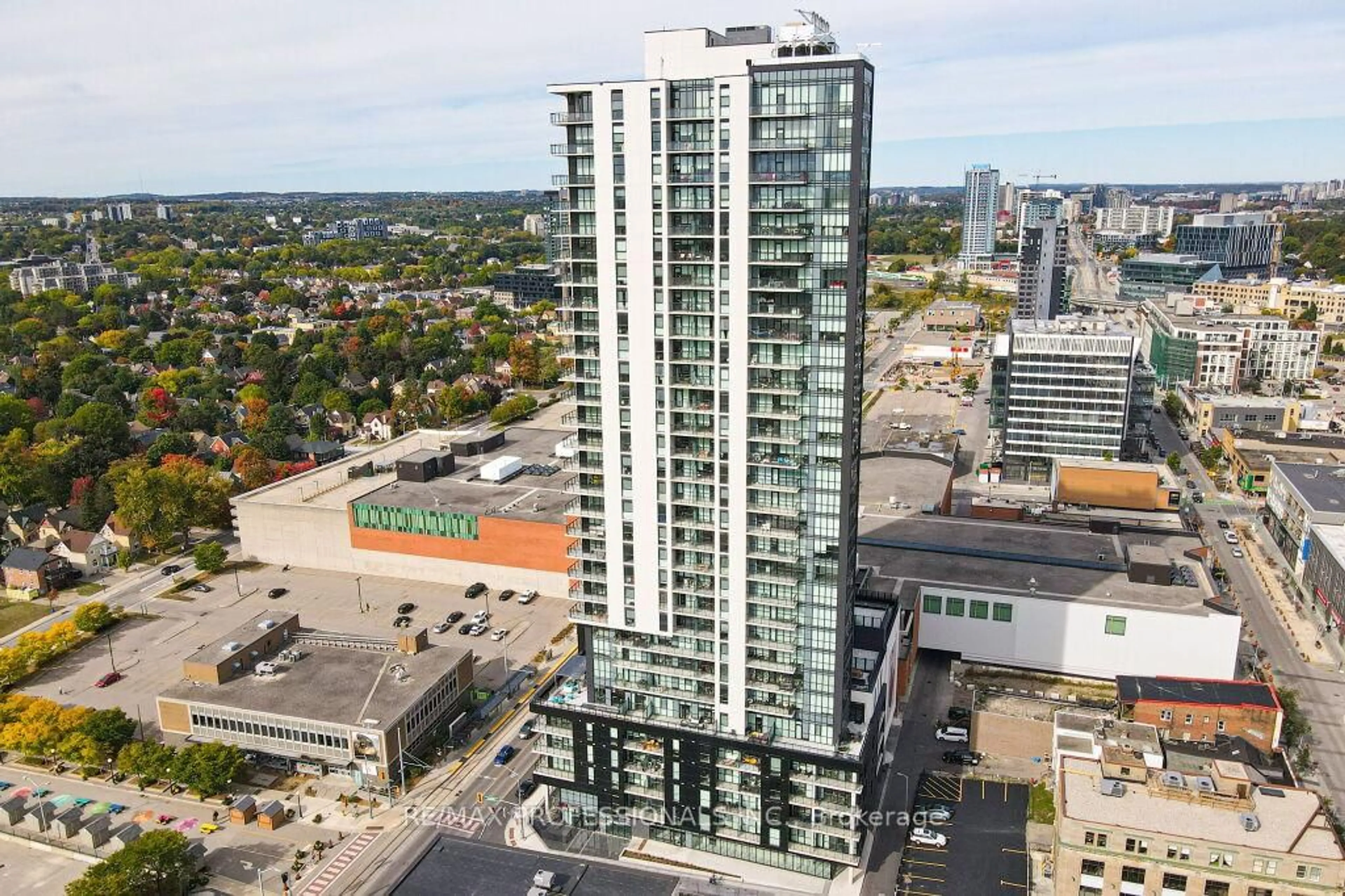 A pic from outside/outdoor area/front of a property/back of a property/a pic from drone, city buildings view from balcony for 60 Charles St #2504, Kitchener Ontario N2G 0C9