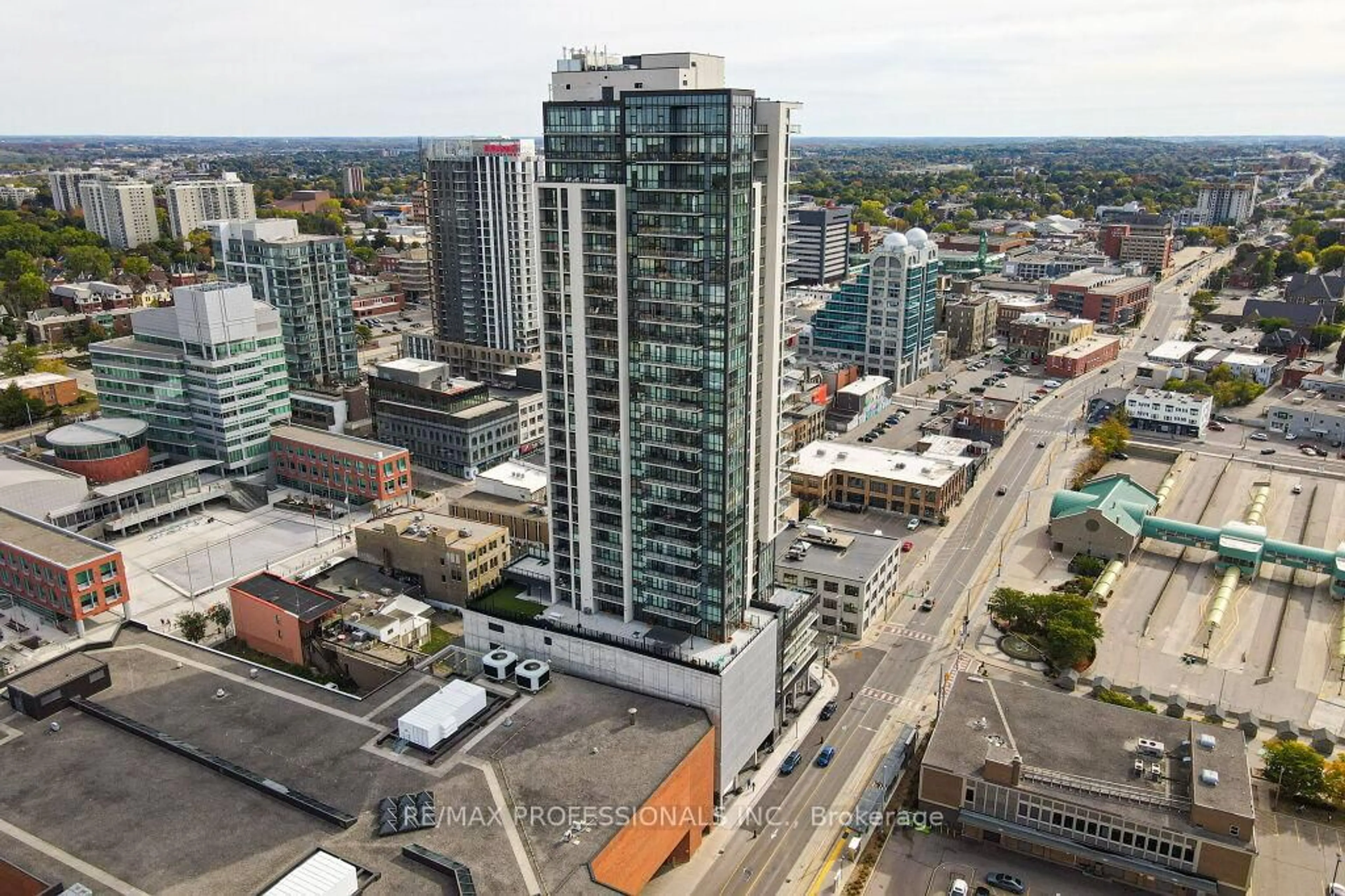 A pic from outside/outdoor area/front of a property/back of a property/a pic from drone, city buildings view from balcony for 60 Charles St #2504, Kitchener Ontario N2G 0C9