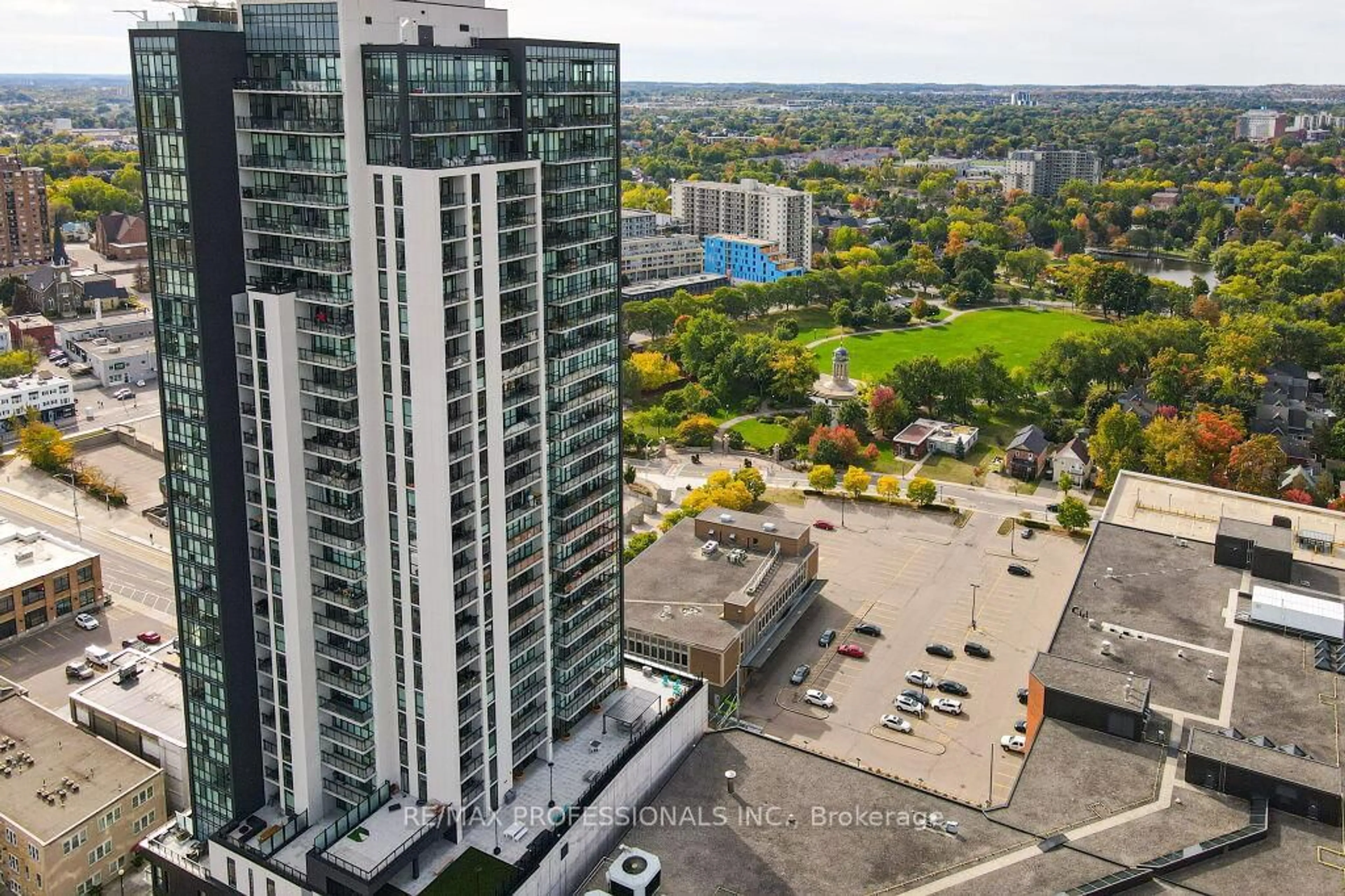 A pic from outside/outdoor area/front of a property/back of a property/a pic from drone, city buildings view from balcony for 60 Charles St #2504, Kitchener Ontario N2G 0C9