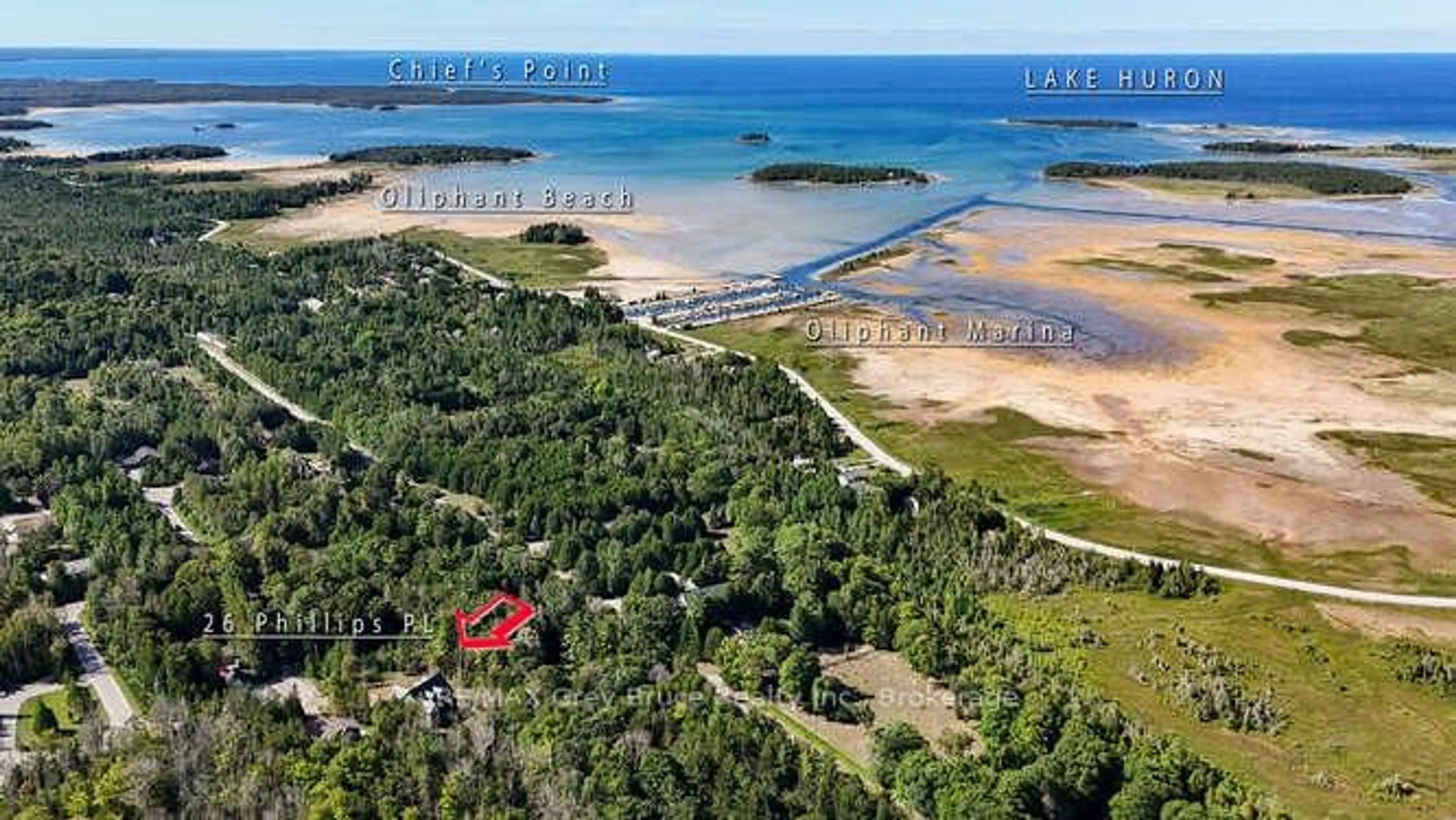 A pic from outside/outdoor area/front of a property/back of a property/a pic from drone, water/lake/river/ocean view for 24 Phillips Pl, South Bruce Peninsula Ontario N0H 2T0