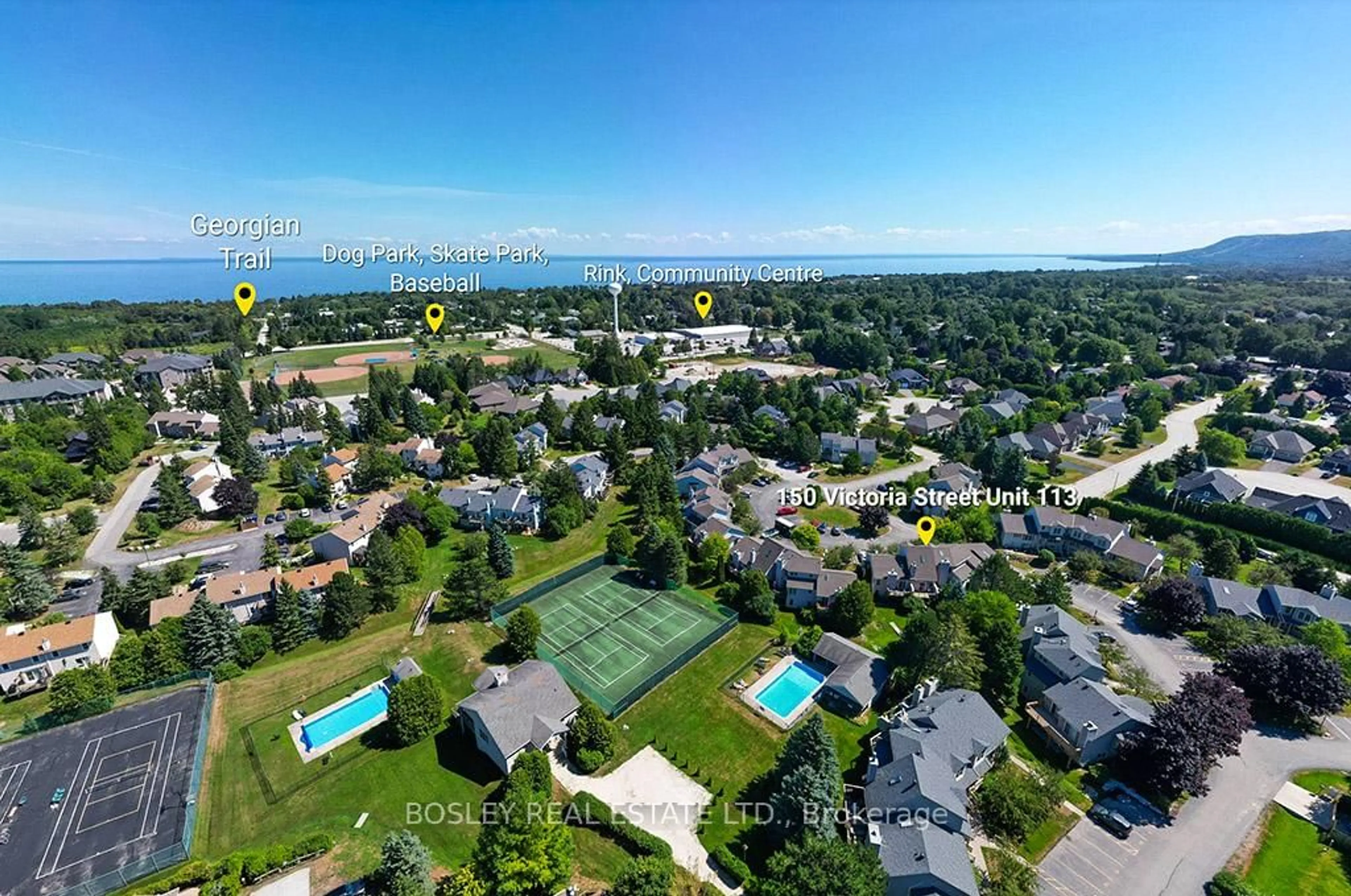 A pic from outside/outdoor area/front of a property/back of a property/a pic from drone, water/lake/river/ocean view for 150 Victoria St #113, Blue Mountains Ontario N0H 2P0
