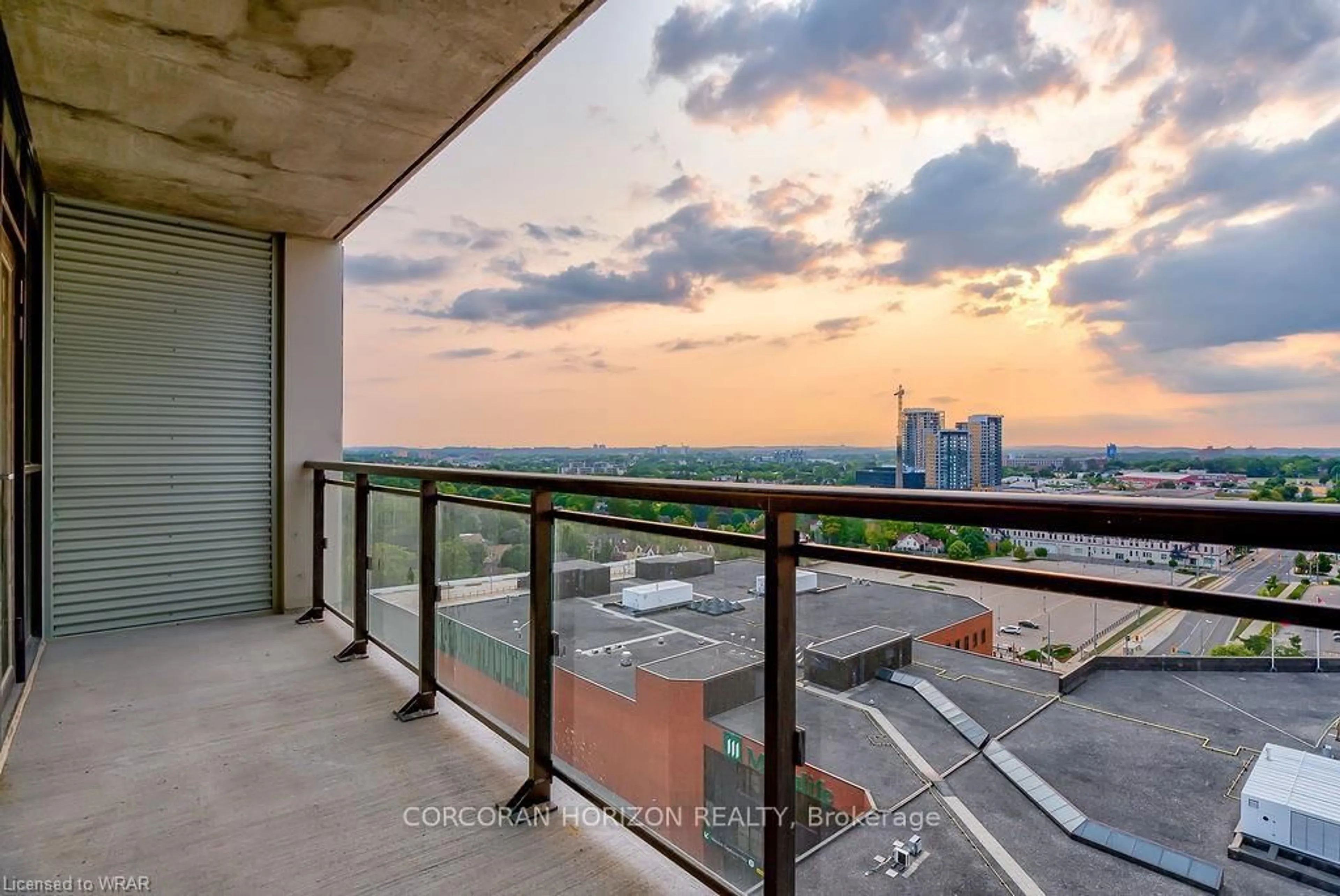 Balcony in the apartment, city buildings view from balcony for 60 Charles St #1409A, Kitchener Ontario N2G 0C9