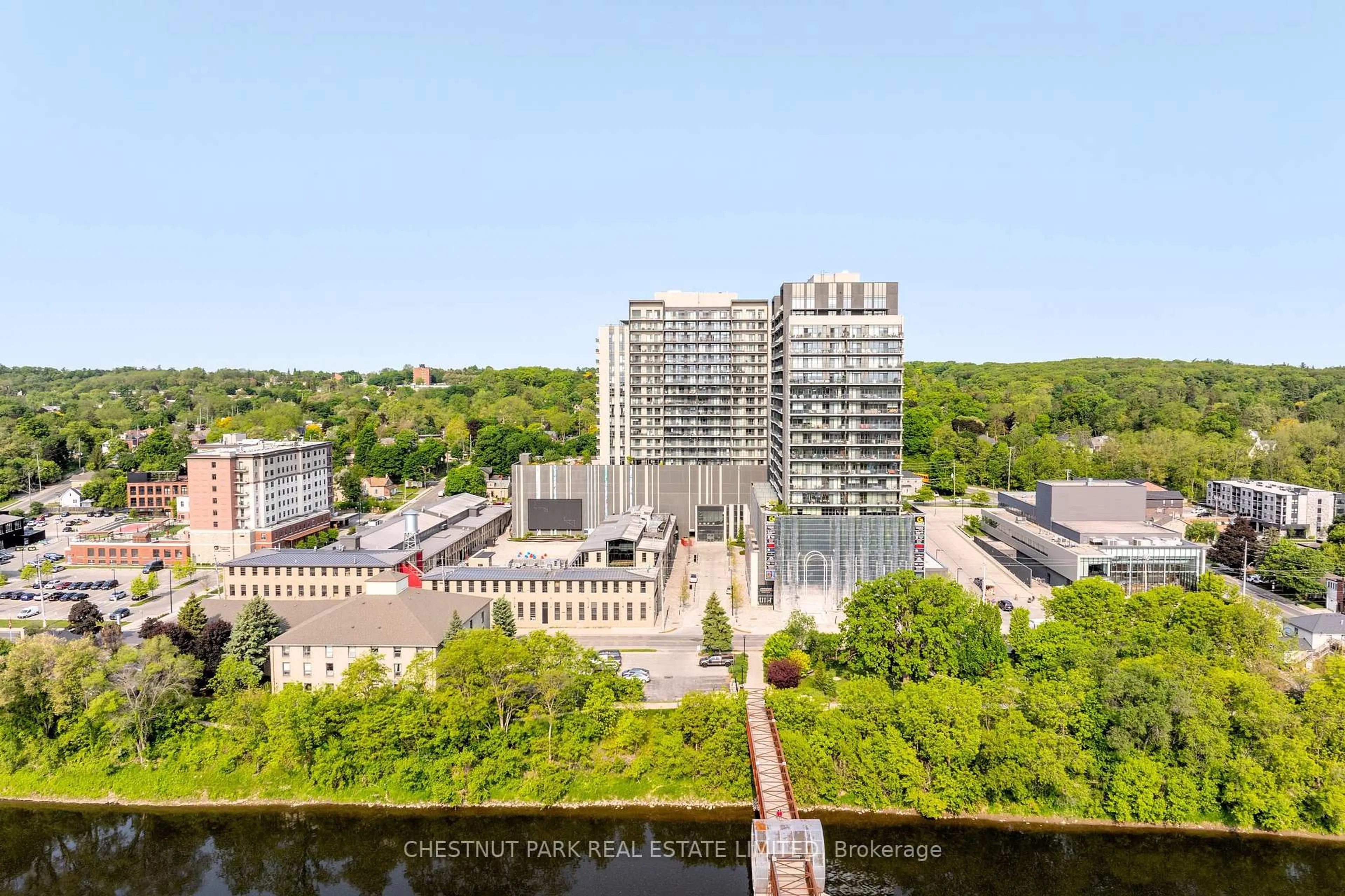 A pic from outside/outdoor area/front of a property/back of a property/a pic from drone, city buildings view from balcony for 15 Glebe St #2001, Cambridge Ontario N1S 0C3
