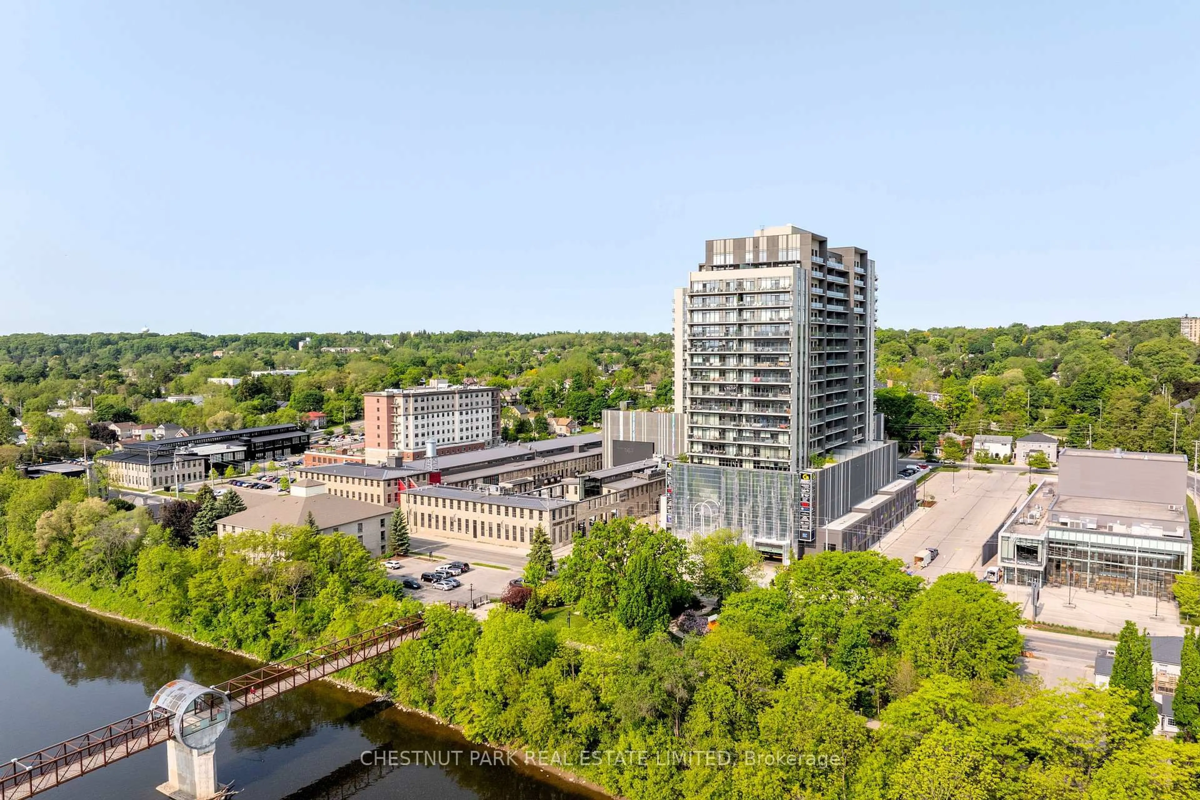 A pic from outside/outdoor area/front of a property/back of a property/a pic from drone, city buildings view from balcony for 15 Glebe St #2001, Cambridge Ontario N1S 0C3