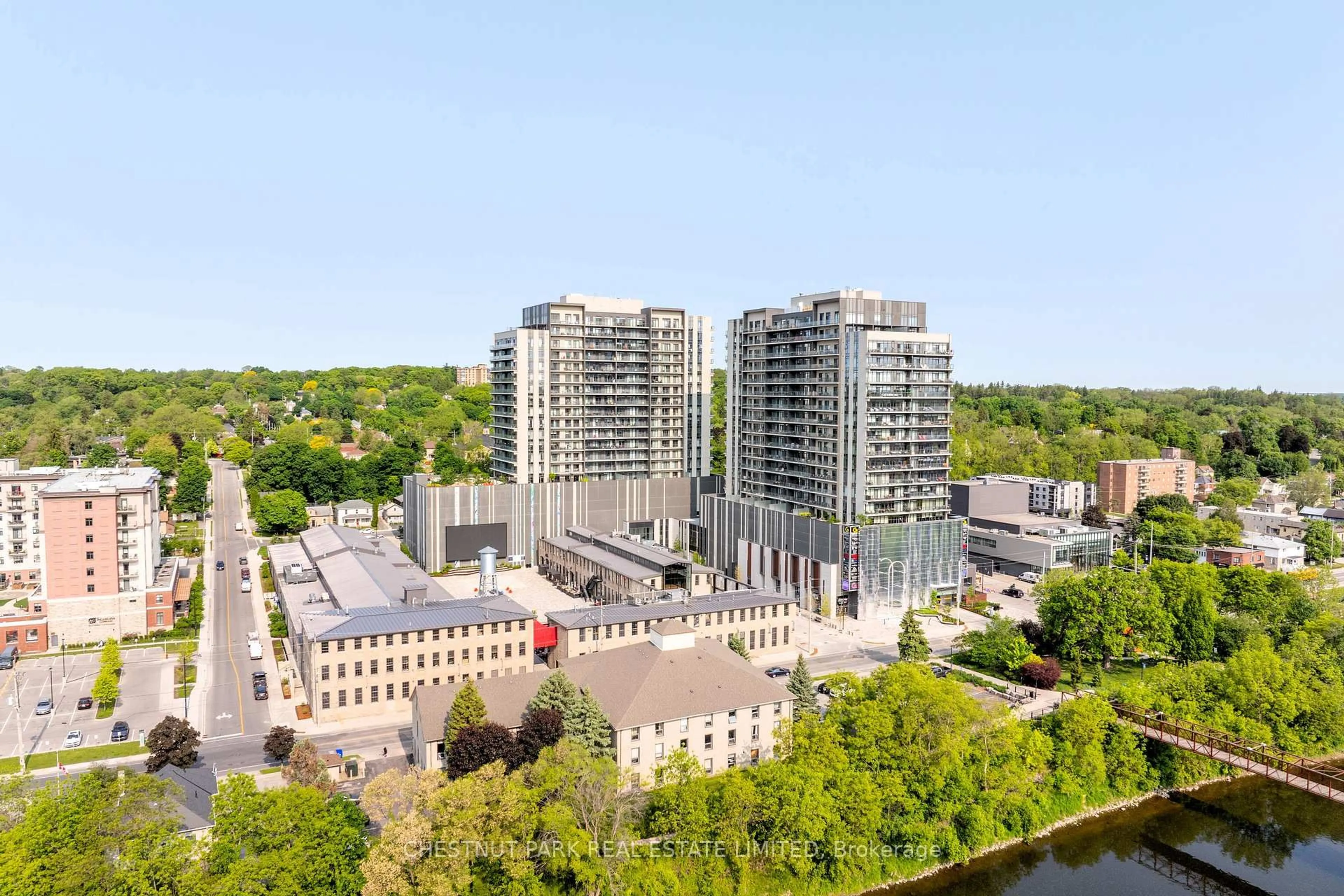 A pic from outside/outdoor area/front of a property/back of a property/a pic from drone, city buildings view from balcony for 15 Glebe St #2001, Cambridge Ontario N1S 0C3