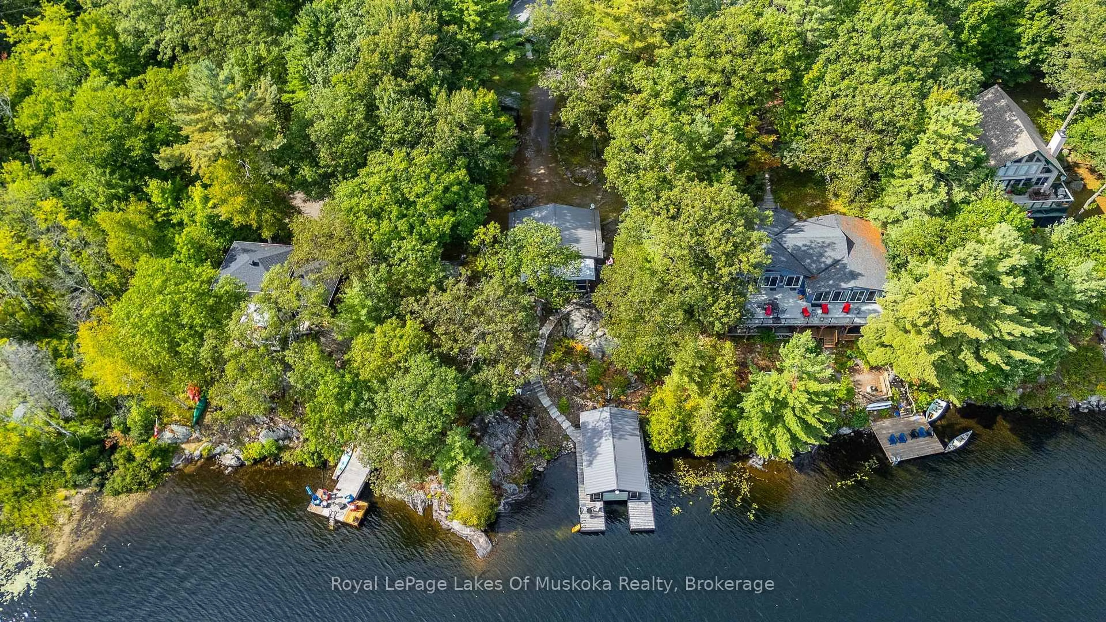 A pic from outside/outdoor area/front of a property/back of a property/a pic from drone, water/lake/river/ocean view for 1382 Fish Hatchery Rd, Muskoka Lakes Ontario P0B 1M0