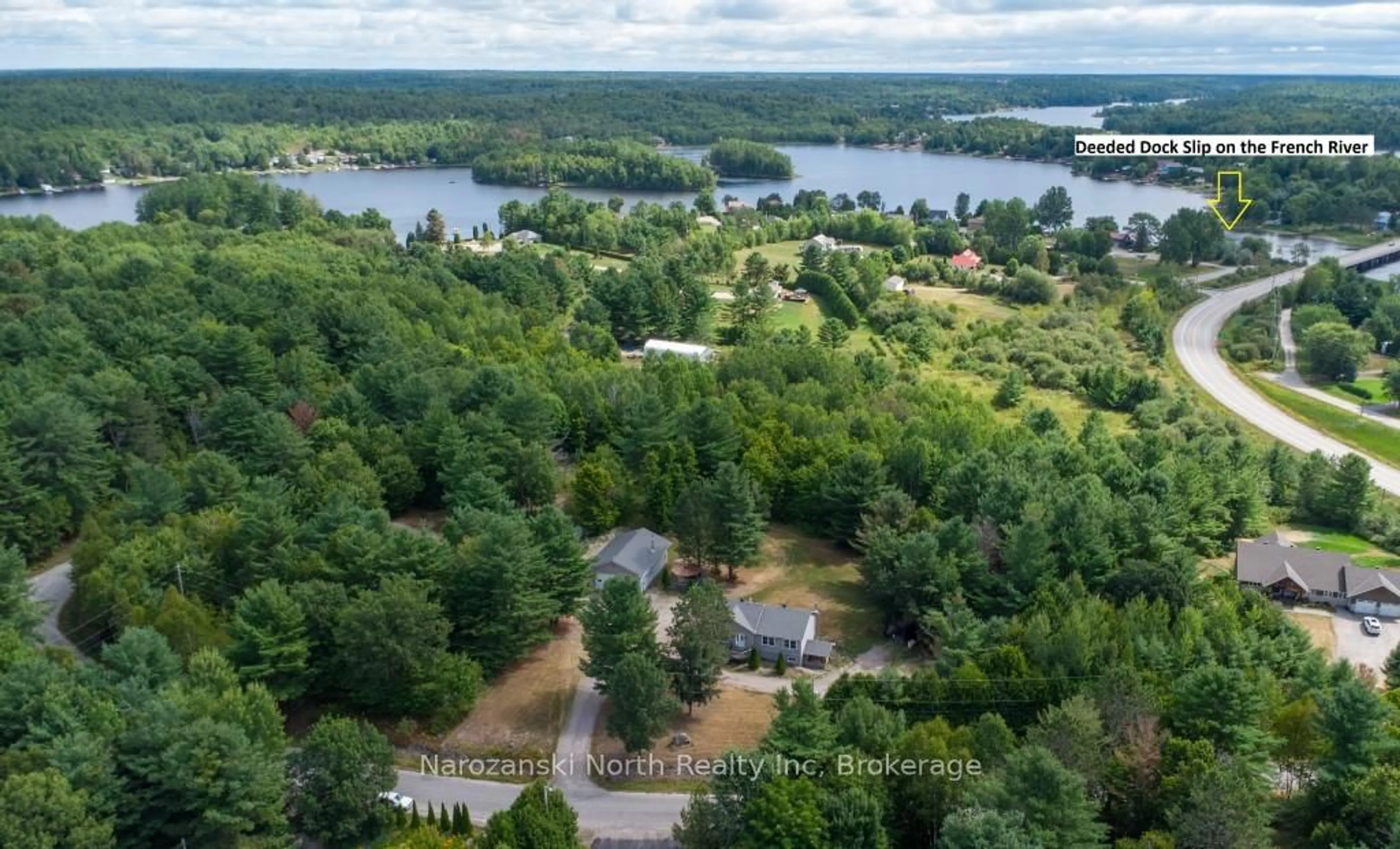 A pic from outside/outdoor area/front of a property/back of a property/a pic from drone, water/lake/river/ocean view for 30 Presquille Rd, French River Ontario P0M 1A0